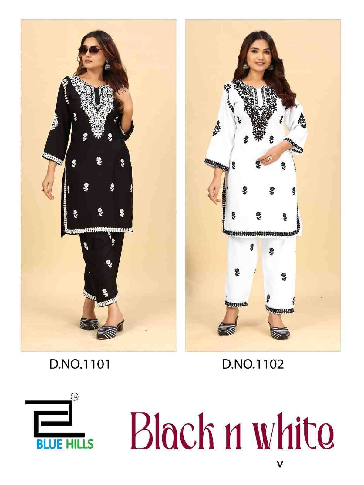 Black N White Vol-11 By Blue Hills 1101 To 1102 Series Designer Stylish Fancy Colorful Beautiful Party Wear & Ethnic Wear Collection Rayon Kurtis With Bottom At Wholesale Price