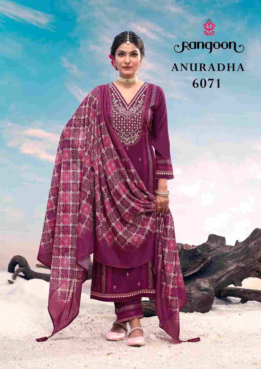 Anuradha By Rangoon 6071 To 6076 Series Beautiful Stylish Festive Suits Fancy Colorful Casual Wear & Ethnic Wear & Ready To Wear Rayon Embroidered Dresses At Wholesale Price