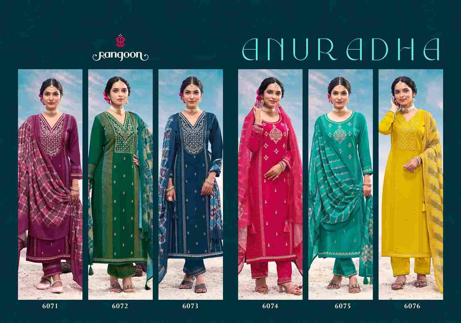 Anuradha By Rangoon 6071 To 6076 Series Beautiful Stylish Festive Suits Fancy Colorful Casual Wear & Ethnic Wear & Ready To Wear Rayon Embroidered Dresses At Wholesale Price