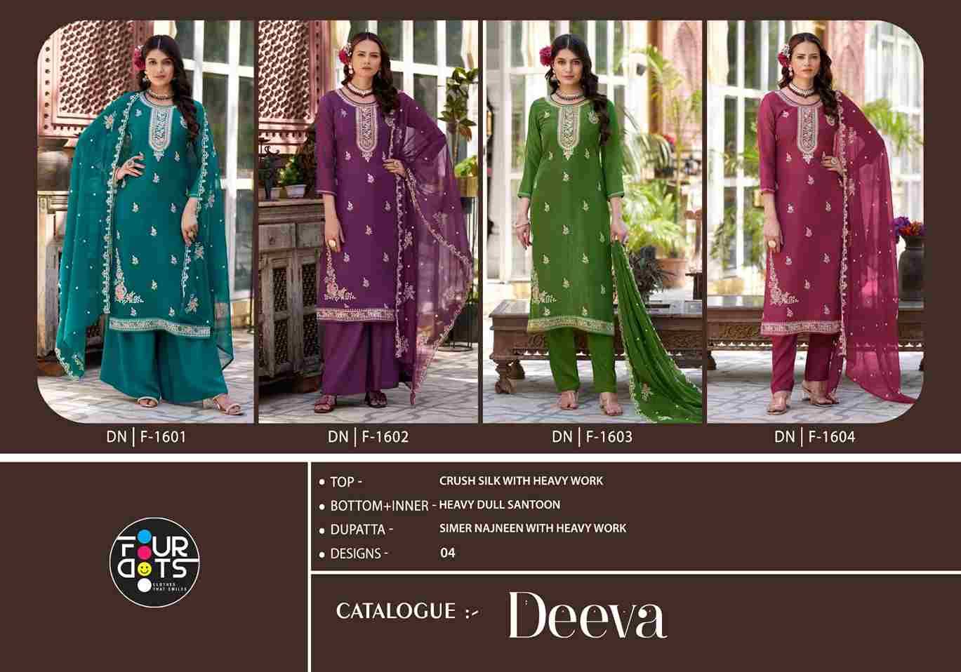 Deeva By Four Dots 1601 To 1604 Series Beautiful Stylish Festive Suits Fancy Colorful Casual Wear & Ethnic Wear & Ready To Wear Silk With Work Dresses At Wholesale Price
