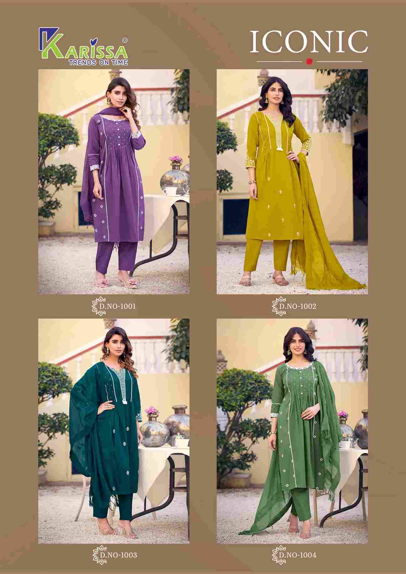 Iconic By Karissa 1001 To 1004 Series Beautiful Festive Suits Colorful Stylish Fancy Casual Wear & Ethnic Wear Pure Cotton With Work Dresses At Wholesale Price