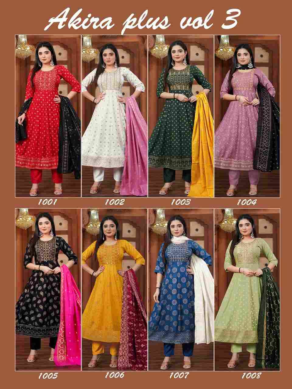 Akira Plus Vol-3 By Padmavati Textiles 1001 To 1008 Series Beautiful Festive Suits Colorful Stylish Fancy Casual Wear & Ethnic Wear Rayon Foil Dresses At Wholesale Price