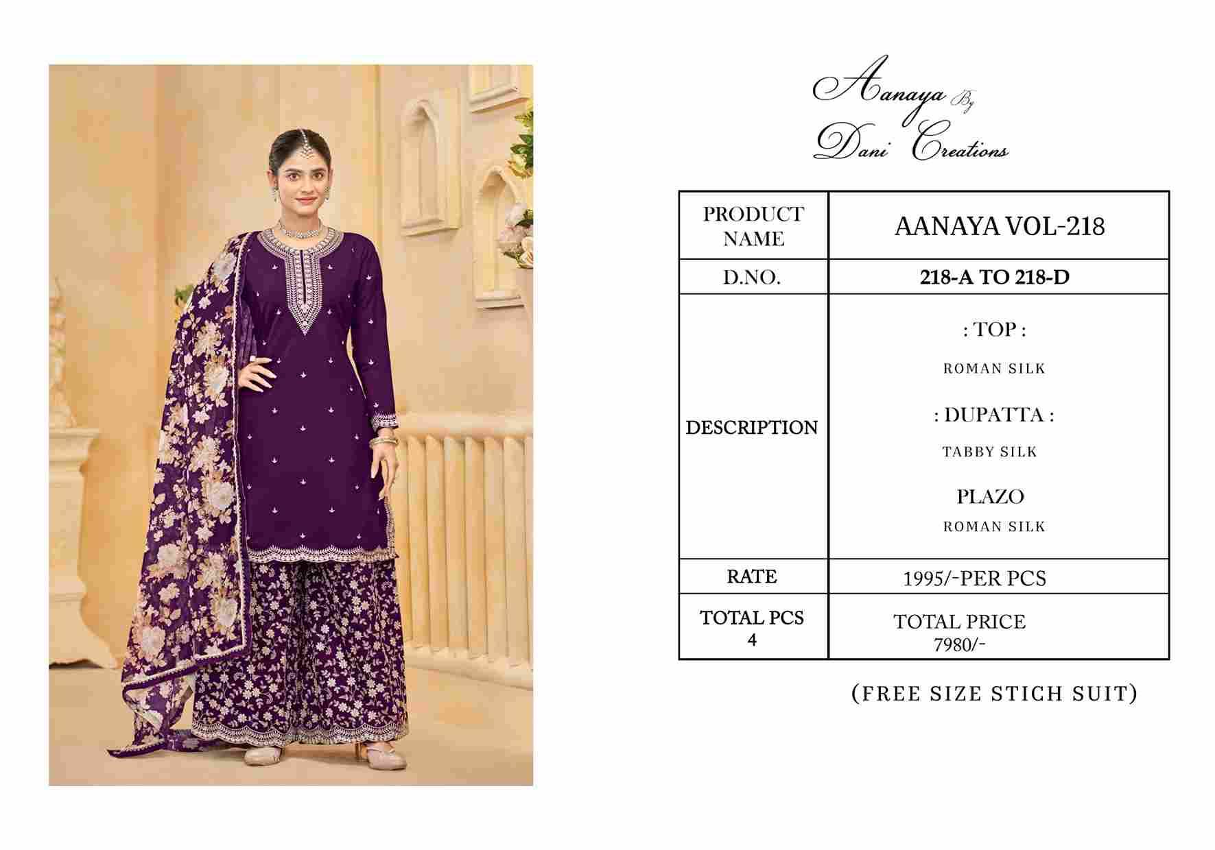 Aanaya Vol-218 By Twisha 218-A To 218-D Series Designer Sharara Suits Collection Beautiful Stylish Fancy Colorful Party Wear & Occasional Wear Roman Silk Dresses At Wholesale Price