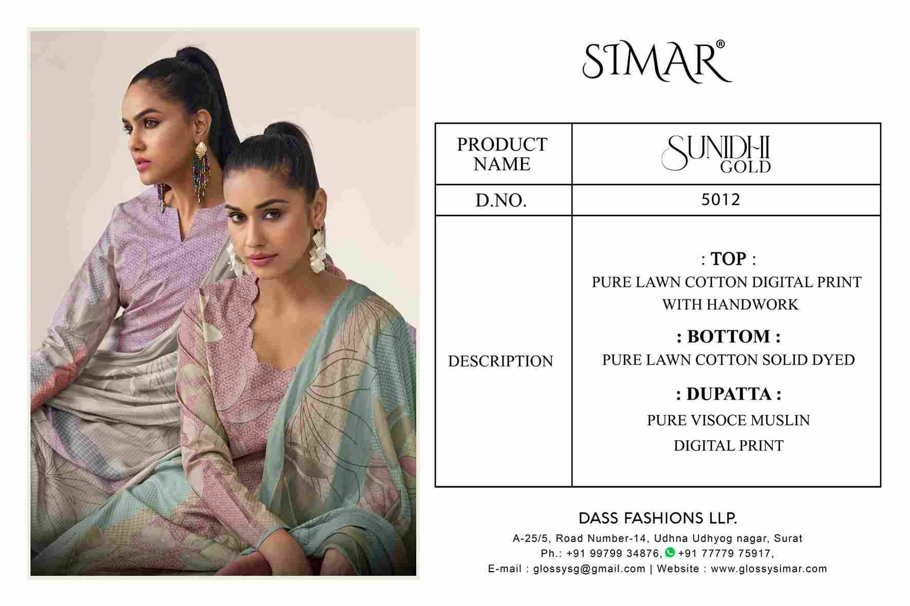 Sunidhi Gold By Simar 5012-A To 5012-D Series Beautiful Festive Suits Stylish Fancy Colorful Casual Wear & Ethnic Wear Pure Lawn Cotton Dresses At Wholesale Price