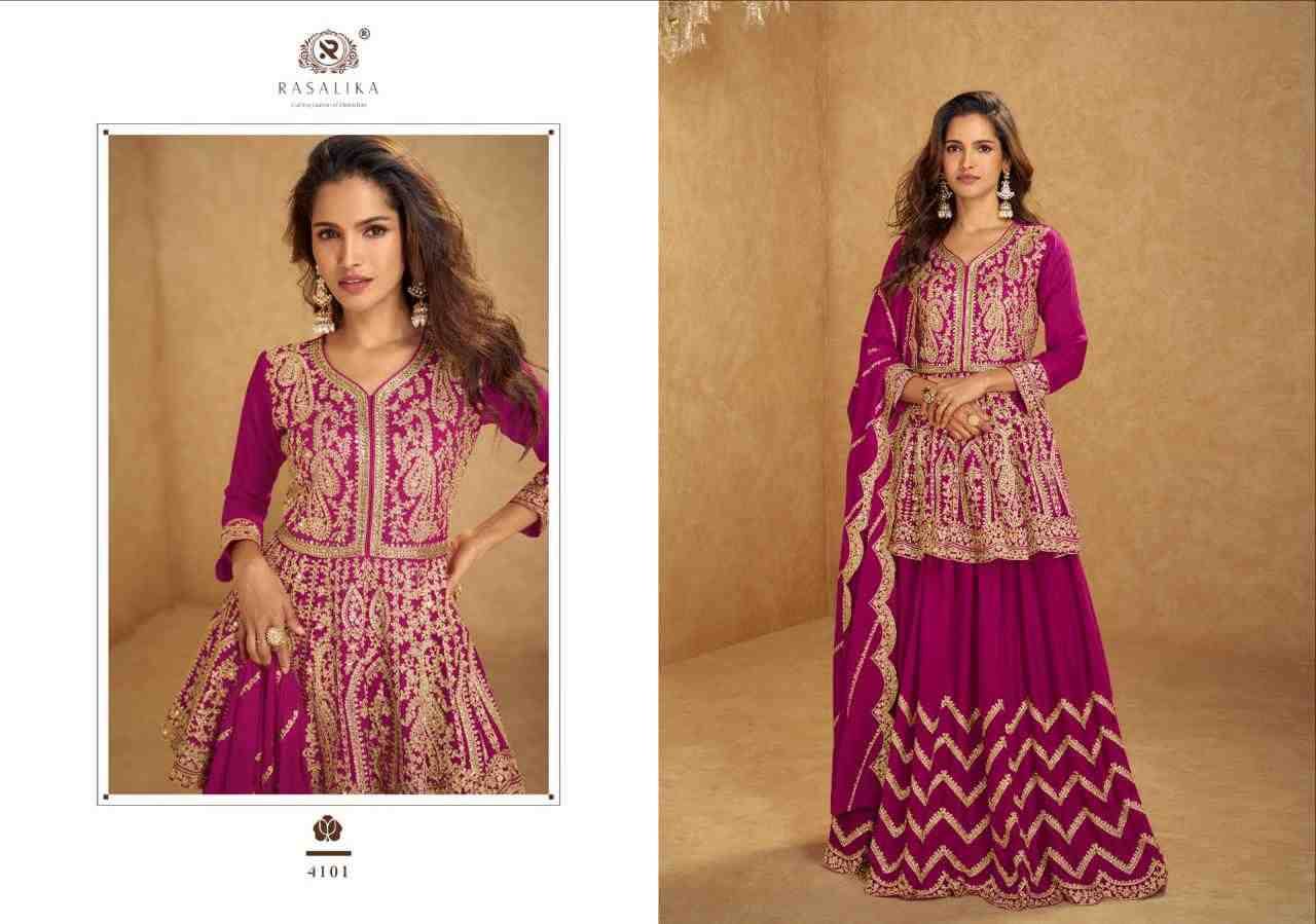 Nikhaar By Rasalika 4101 To 4104 Series Designer Sharara Suits Beautiful Fancy Colorful Stylish Party Wear & Occasional Wear Heavy Chinnon Silk Dresses At Wholesale Price