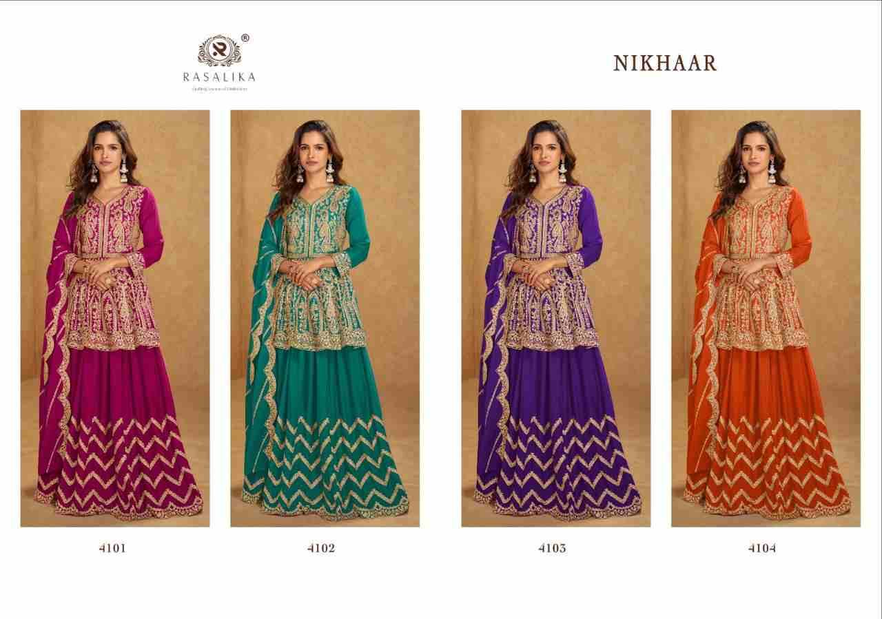 Nikhaar By Rasalika 4101 To 4104 Series Designer Sharara Suits Beautiful Fancy Colorful Stylish Party Wear & Occasional Wear Heavy Chinnon Silk Dresses At Wholesale Price