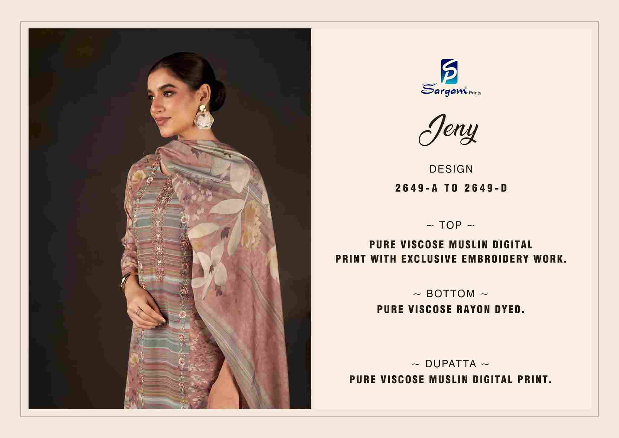 Jeny By Sargam Prints 2649-A To 2649-D Series Beautiful Festive Suits Colorful Stylish Fancy Casual Wear & Ethnic Wear Pure Viscose Muslin Dresses At Wholesale Price