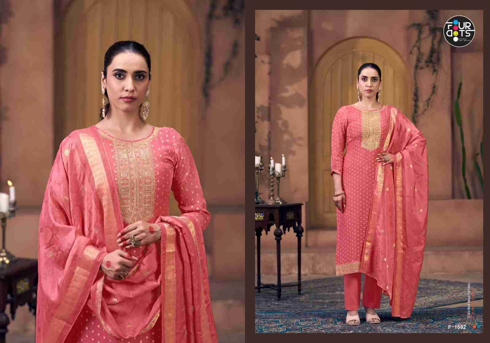 Amrapali Vol-2 By Four Dots 1591 To 1594 Series Beautiful Stylish Festive Suits Fancy Colorful Casual Wear & Ethnic Wear & Ready To Wear Viscose Organza Jacquard Dresses At Wholesale Price