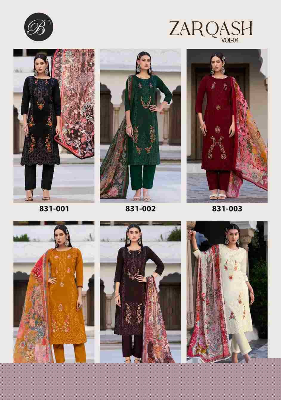 Zarqash Vol-4 By Belliza 831-001 To 831-006 Series Beautiful Festive Suits Stylish Fancy Colorful Casual Wear & Ethnic Wear Pure Jam Print Dresses At Wholesale Price