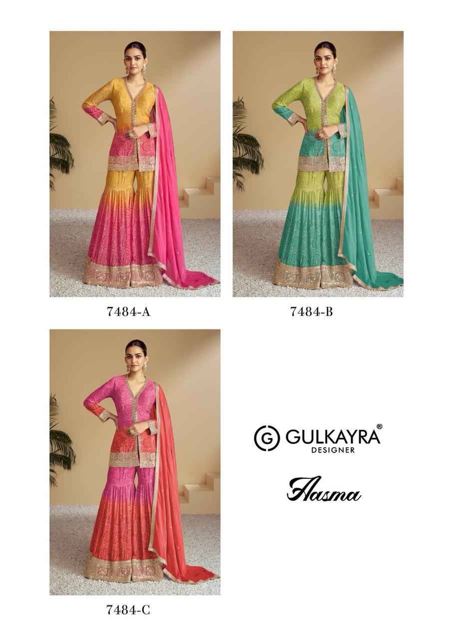 Aasma By Gulkayra Designer 7484-A To 7484-C Series Designer Sharara Suits Collection Beautiful Stylish Fancy Colorful Party Wear & Occasional Wear Chinnon Dresses At Wholesale Price