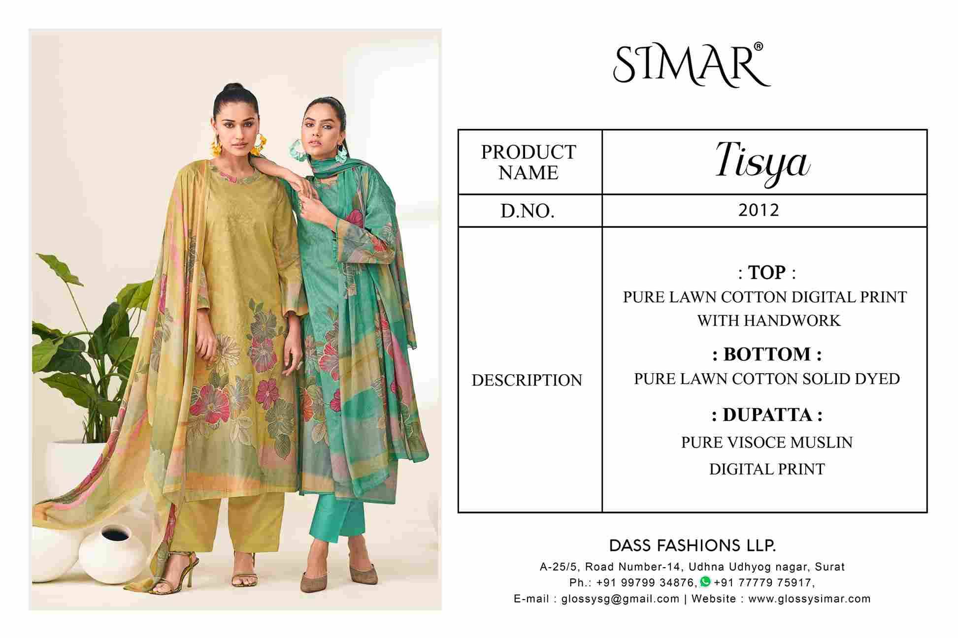 Tisya By Simar 2012-A To 2012-D Series Designer Festive Suits Beautiful Stylish Fancy Colorful Party Wear & Occasional Wear Pure Lawn Cotton Dresses At Wholesale Price
