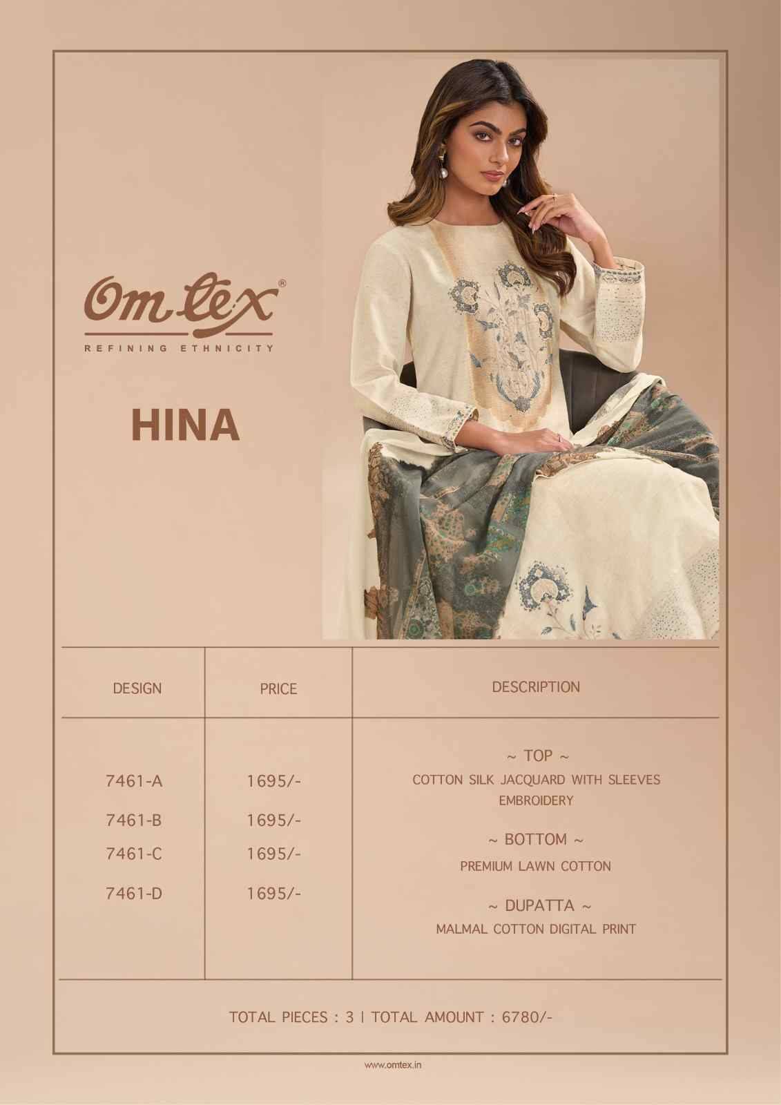 Hina By Om Tex 7461-A To 7461-D Series Beautiful Suits Stylish Fancy Colorful Party Wear & Ethnic Wear Cotton Silk Jacquard Dresses At Wholesale Price