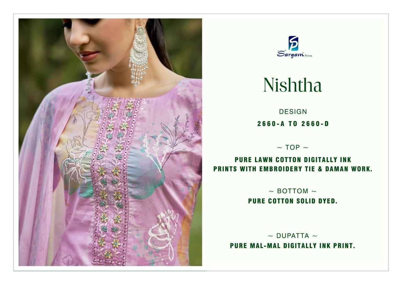Nishtha By Sargam Prints 2660-A To 2660-D Series Beautiful Festive Suits Colorful Stylish Fancy Casual Wear & Ethnic Wear Pure Lawn Cotton Dresses At Wholesale Price