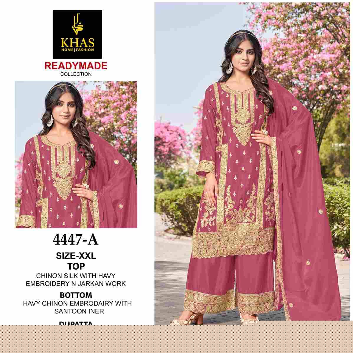 Khas 4447 Colours By Khas 4447-A To 4447-C Series Beautiful Pakistani Suits Colorful Stylish Fancy Casual Wear & Ethnic Wear Chinnon Silk Embroidered Dresses At Wholesale Price