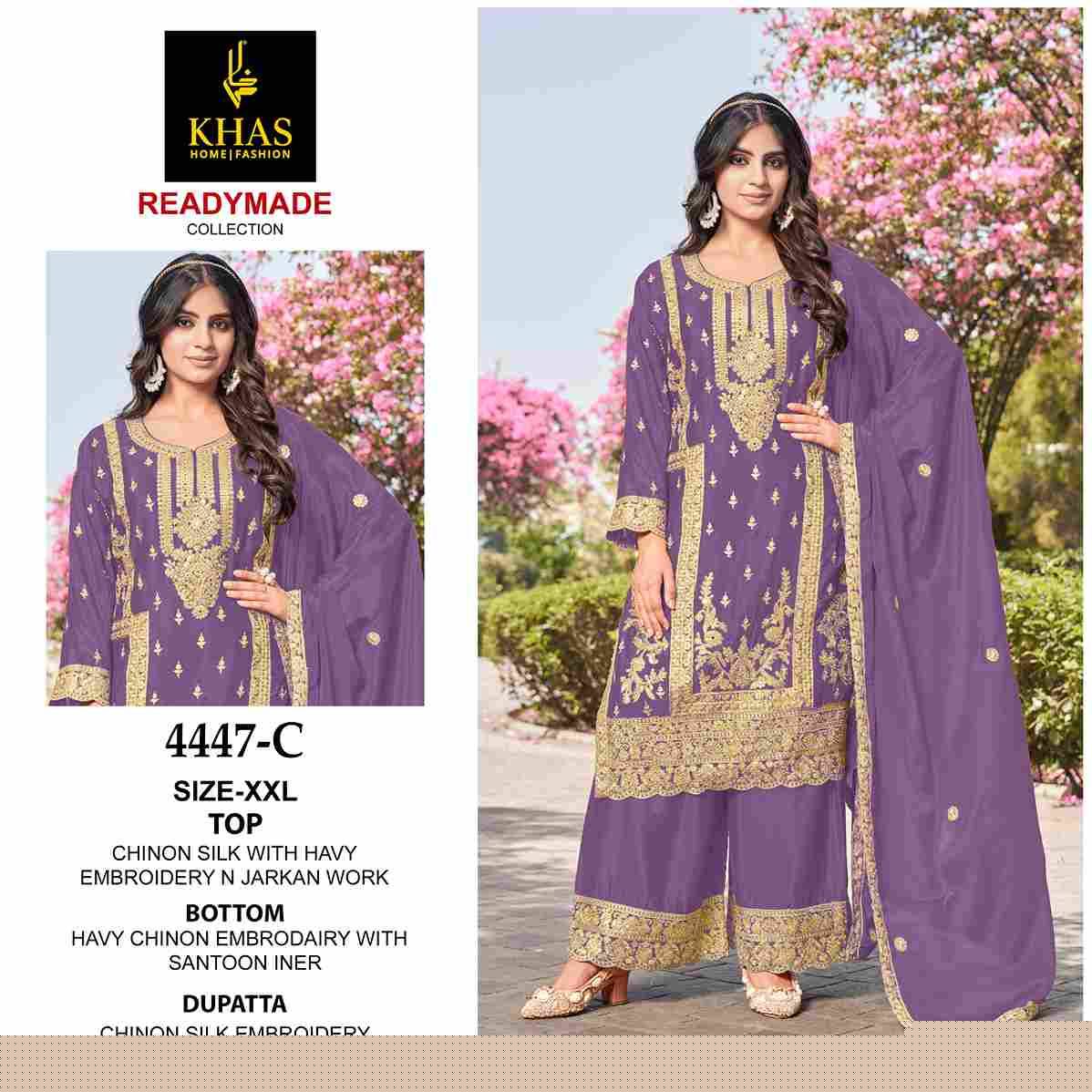 Khas 4447 Colours By Khas 4447-A To 4447-C Series Beautiful Pakistani Suits Colorful Stylish Fancy Casual Wear & Ethnic Wear Chinnon Silk Embroidered Dresses At Wholesale Price