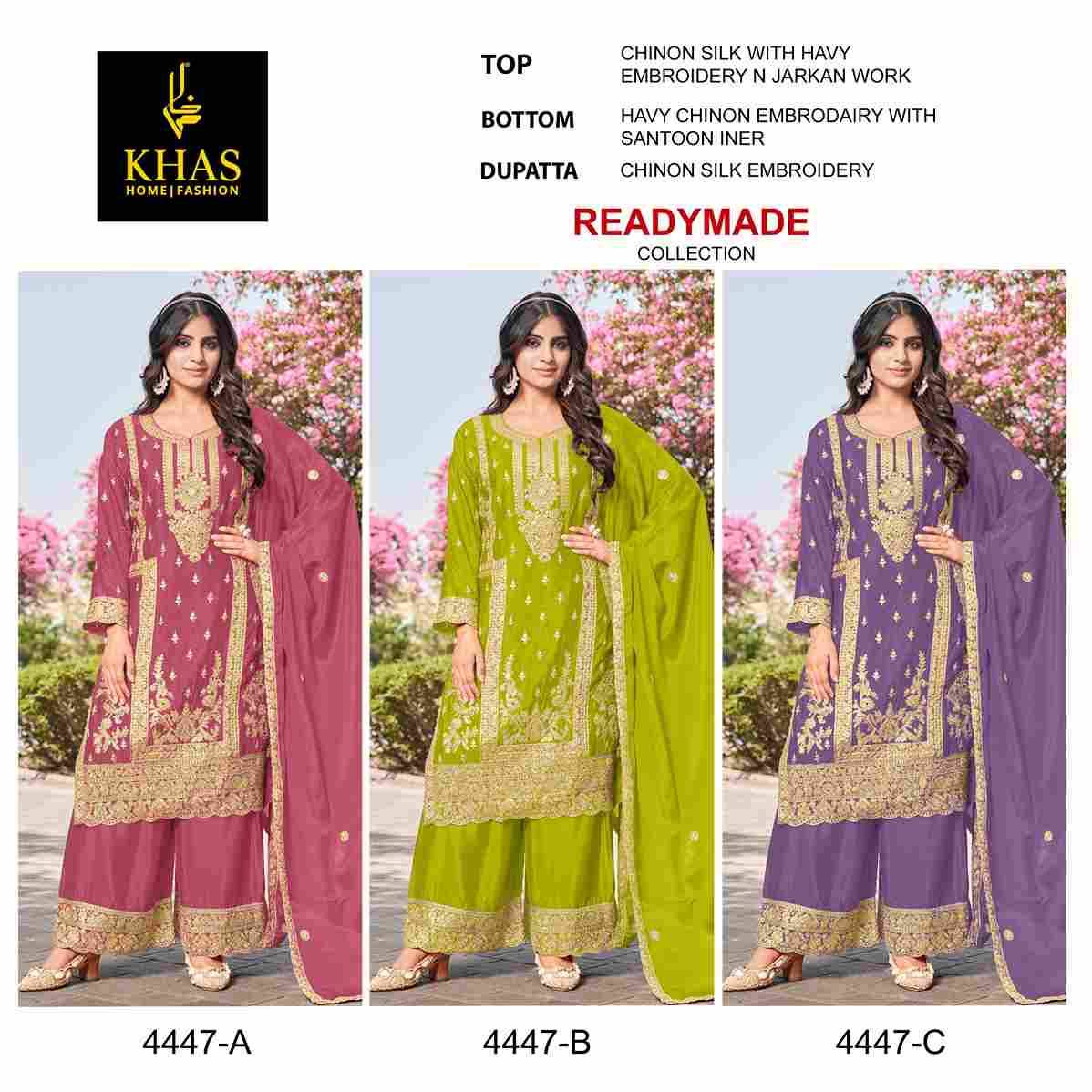 Khas 4447 Colours By Khas 4447-A To 4447-C Series Beautiful Pakistani Suits Colorful Stylish Fancy Casual Wear & Ethnic Wear Chinnon Silk Embroidered Dresses At Wholesale Price