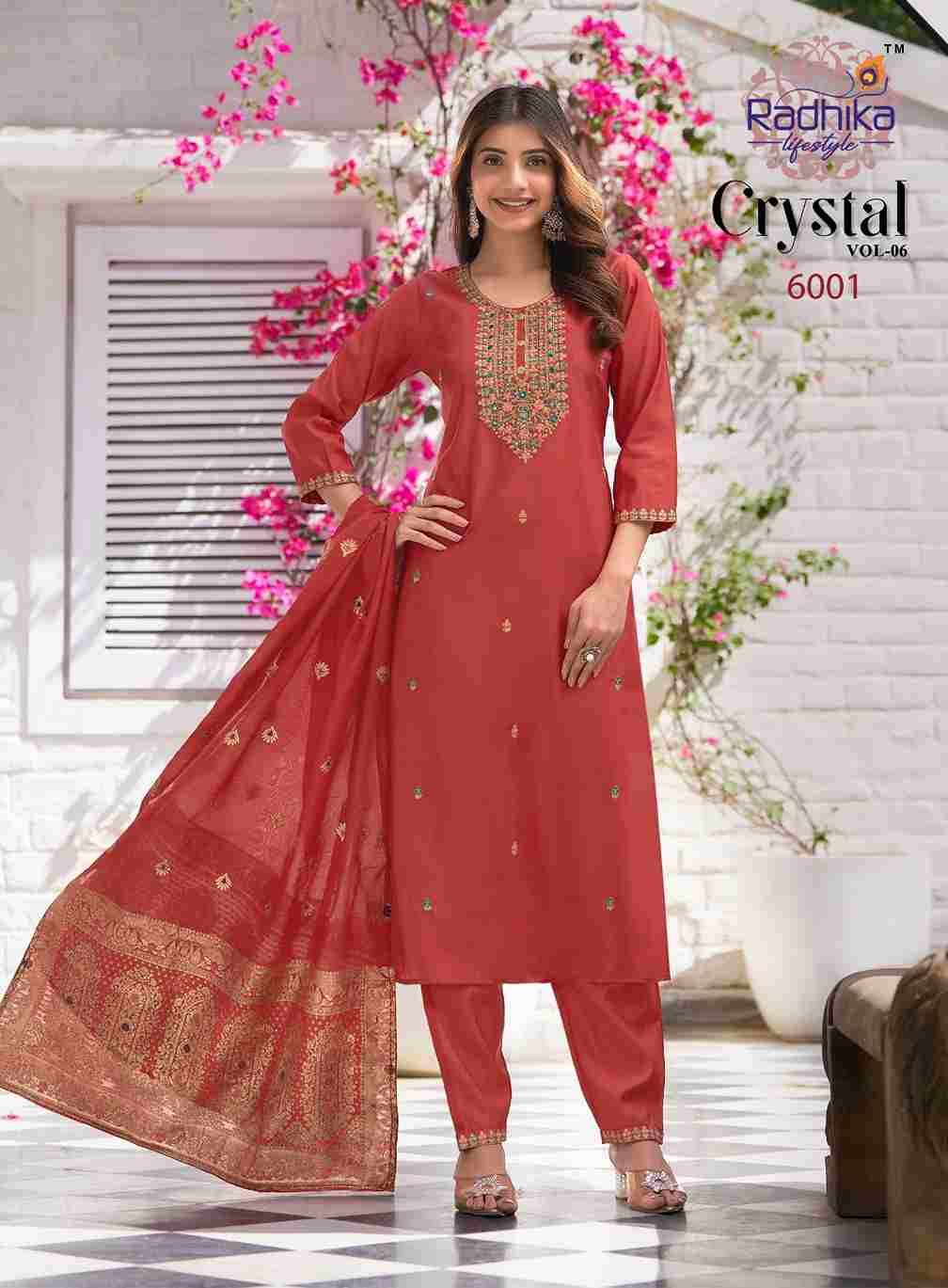 Crystal Vol-6 By Radhika Lifestyle 6001 To 6006 Series Designer Festive Suits Beautiful Stylish Fancy Colorful Party Wear & Occasional Wear Roman Silk Dresses At Wholesale Price