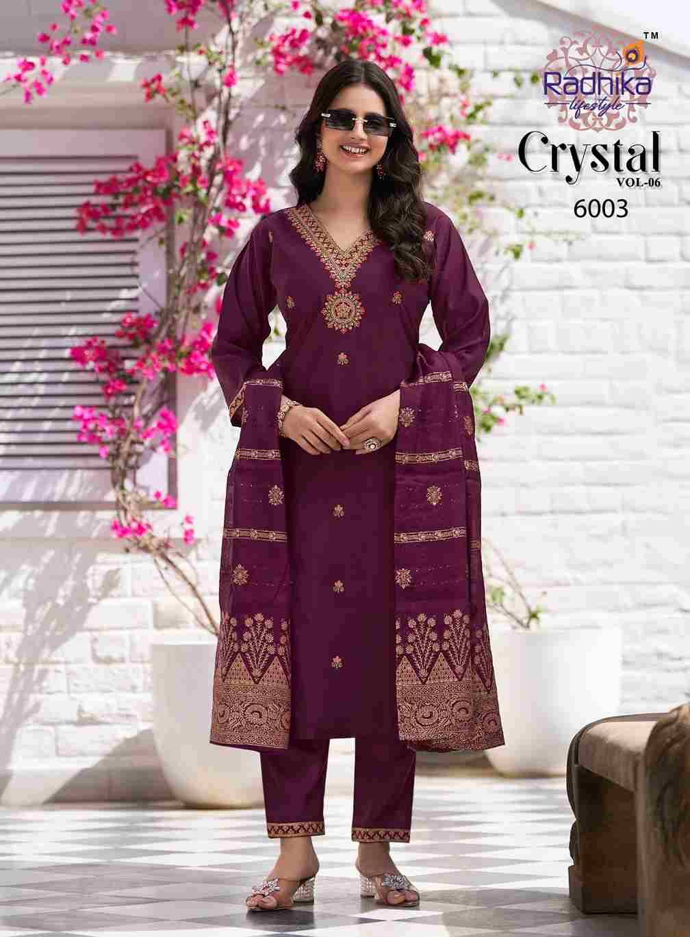 Crystal Vol-6 By Radhika Lifestyle 6001 To 6006 Series Designer Festive Suits Beautiful Stylish Fancy Colorful Party Wear & Occasional Wear Roman Silk Dresses At Wholesale Price