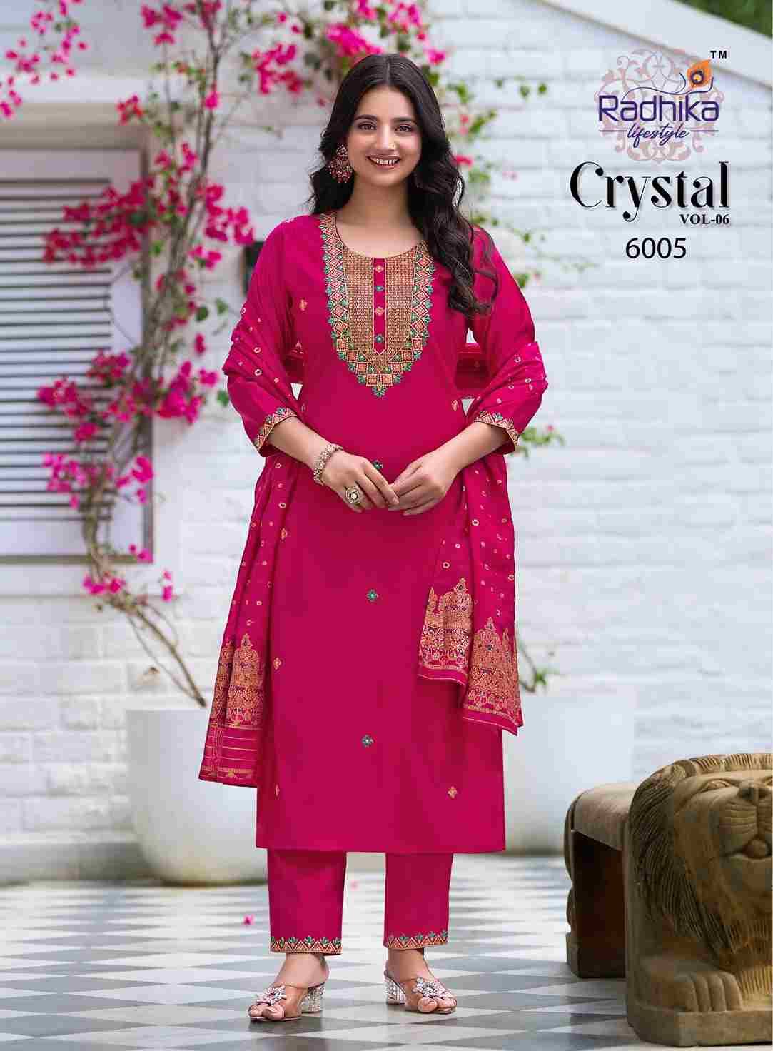 Crystal Vol-6 By Radhika Lifestyle 6001 To 6006 Series Designer Festive Suits Beautiful Stylish Fancy Colorful Party Wear & Occasional Wear Roman Silk Dresses At Wholesale Price