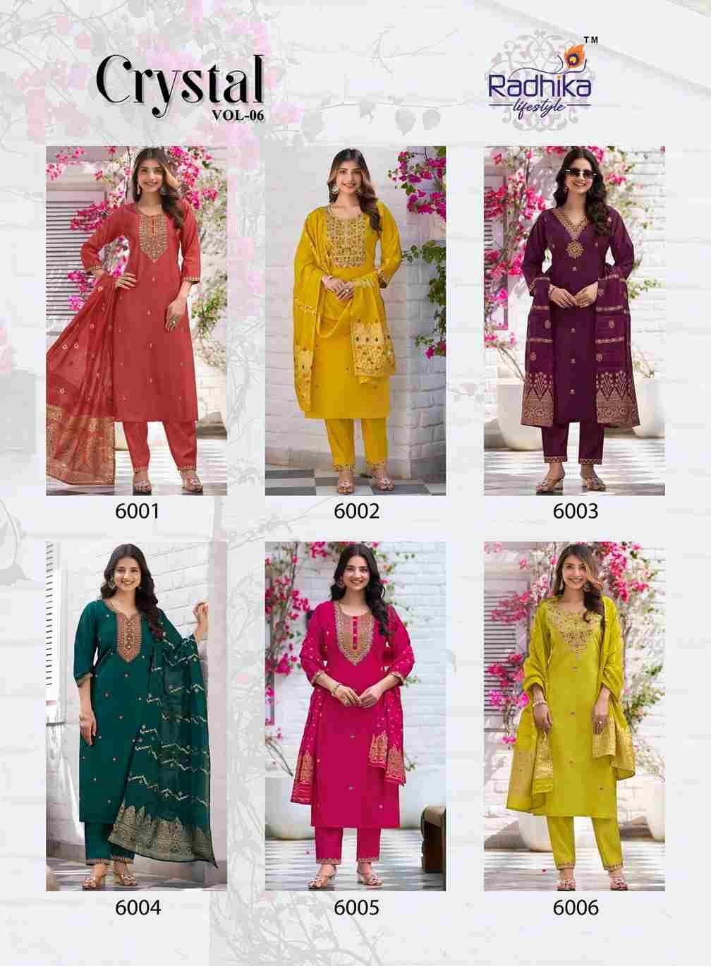 Crystal Vol-6 By Radhika Lifestyle 6001 To 6006 Series Designer Festive Suits Beautiful Stylish Fancy Colorful Party Wear & Occasional Wear Roman Silk Dresses At Wholesale Price