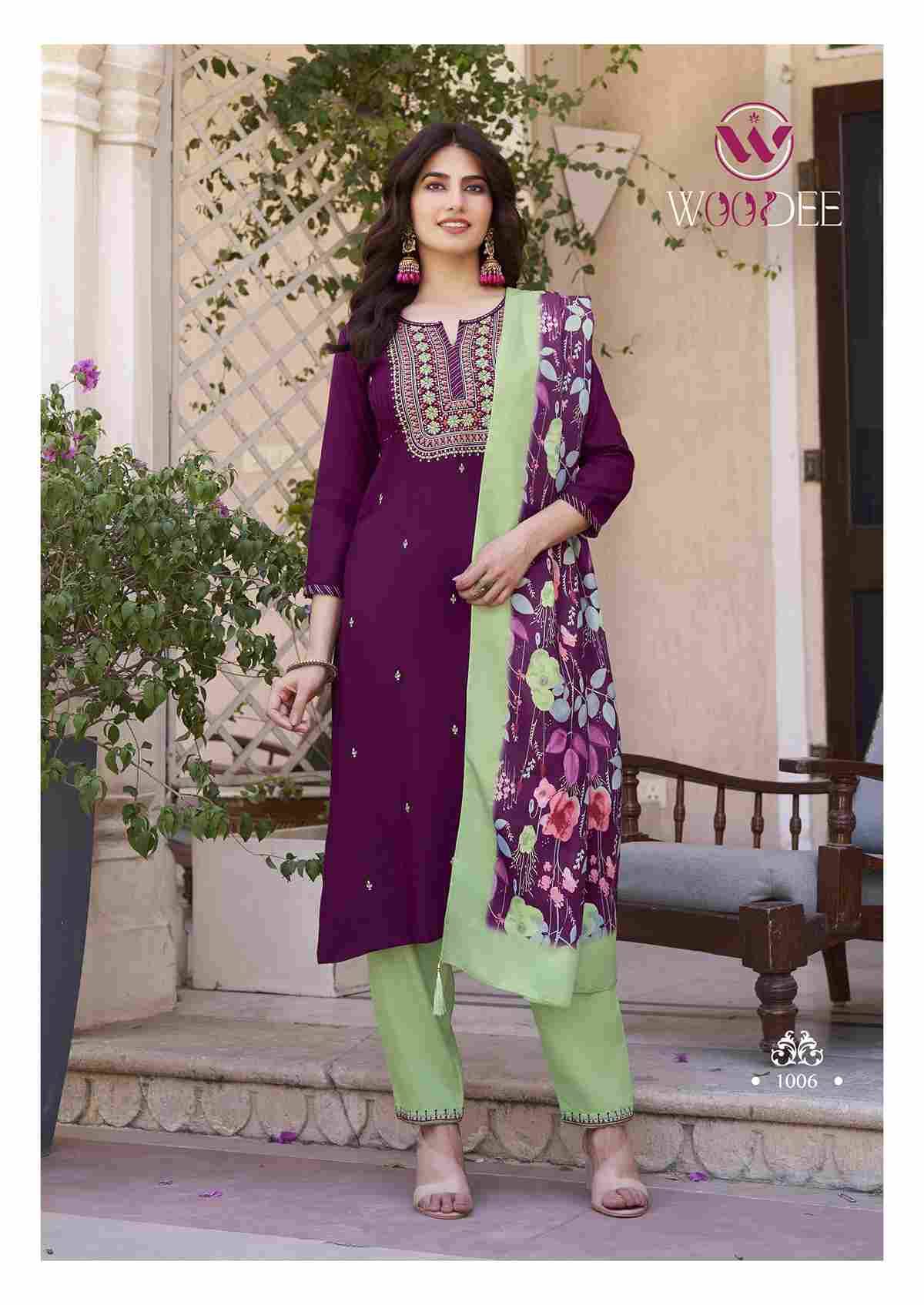 Siyoni By Woodee 1001 To 1006 Series Beautiful Stylish Festive Suits Fancy Colorful Casual Wear & Ethnic Wear & Ready To Wear Rayon Dresses At Wholesale Price