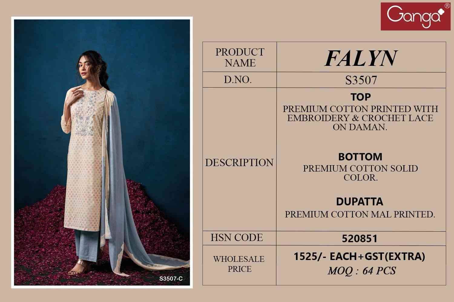 Falyn-3507 By Ganga Fashion 3507-A To 3507-C Series Beautiful Festive Suits Colorful Stylish Fancy Casual Wear & Ethnic Wear Cotton Dresses At Wholesale Price