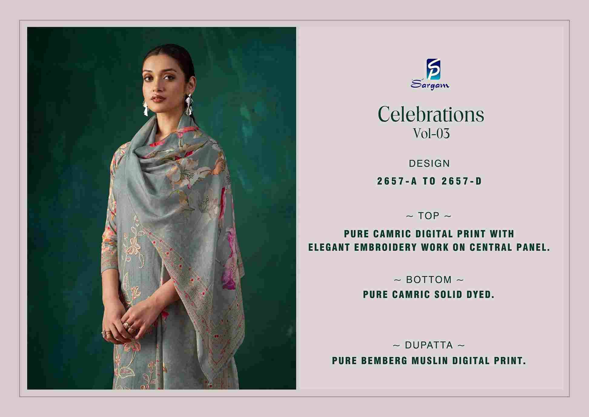 Celebrations VOl-3 By Sargam Prints 2657-A To 2657-D Series Beautiful Festive Suits Stylish Fancy Colorful Casual Wear & Ethnic Wear Pure Cambric Dresses At Wholesale Price