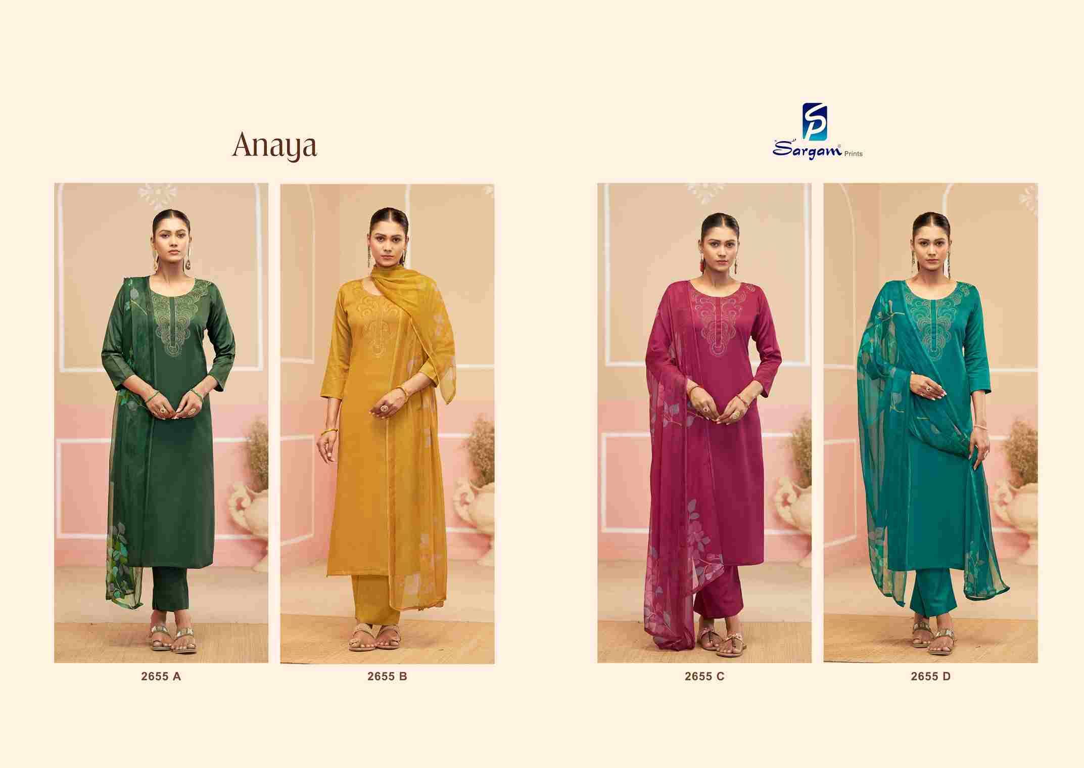 Anaya By Sargam Prints 2655-A To 2655-D Series Beautiful Festive Suits Stylish Fancy Colorful Casual Wear & Ethnic Wear Pure Jam Dresses At Wholesale Price