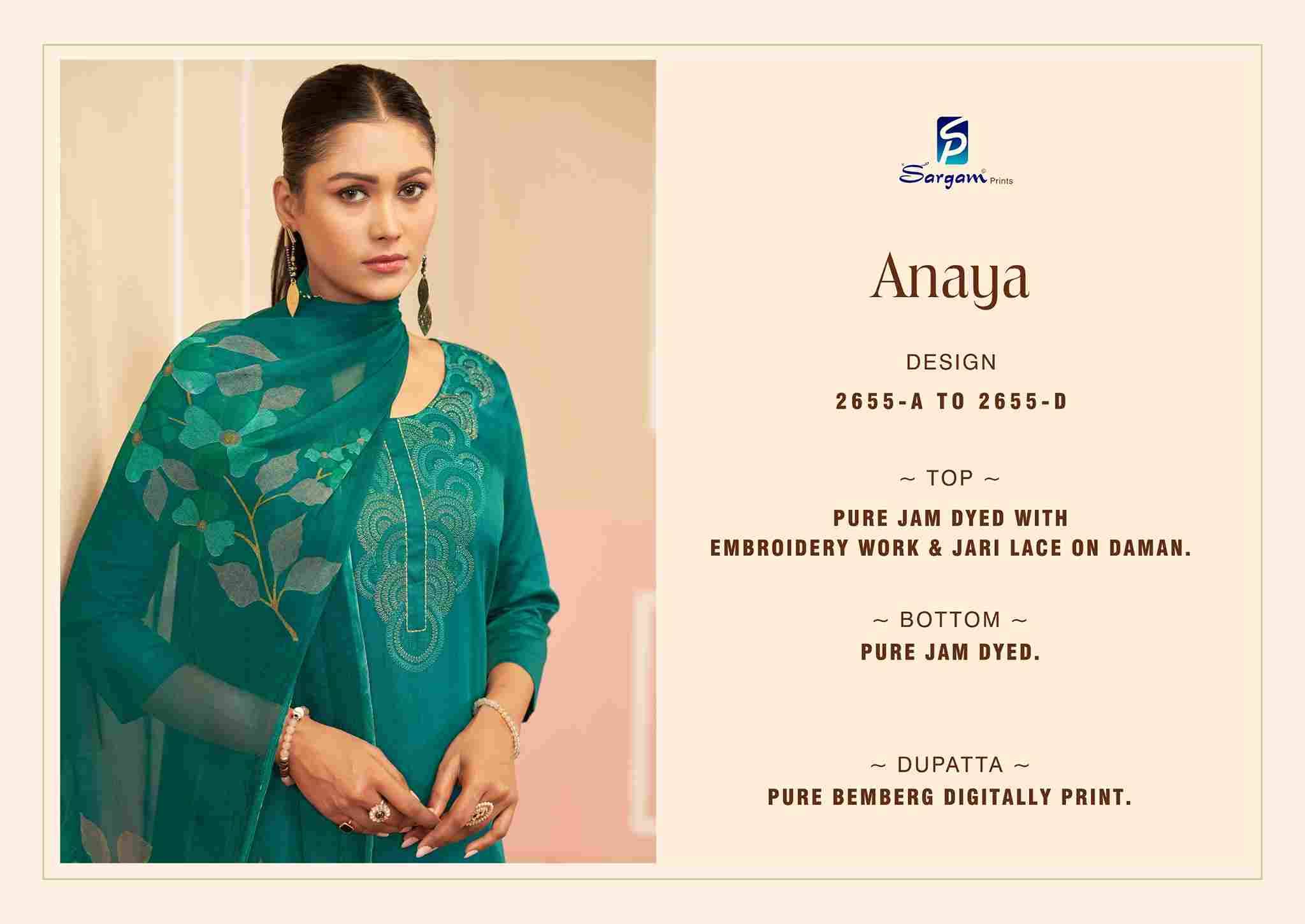 Anaya By Sargam Prints 2655-A To 2655-D Series Beautiful Festive Suits Stylish Fancy Colorful Casual Wear & Ethnic Wear Pure Jam Dresses At Wholesale Price