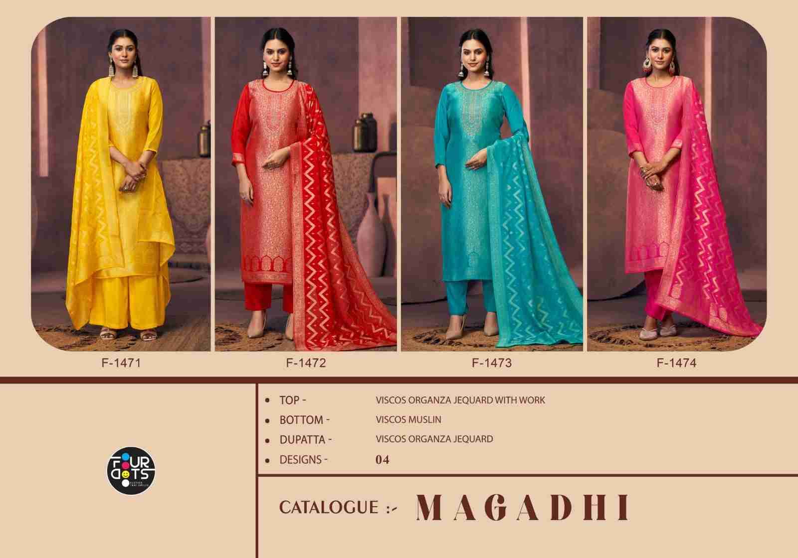 Magadhi By Four Dots 1471 To 1474 Series Beautiful Stylish Festive Suits Fancy Colorful Casual Wear & Ethnic Wear & Ready To Wear Viscose Organza Jacquard Dresses At Wholesale Price