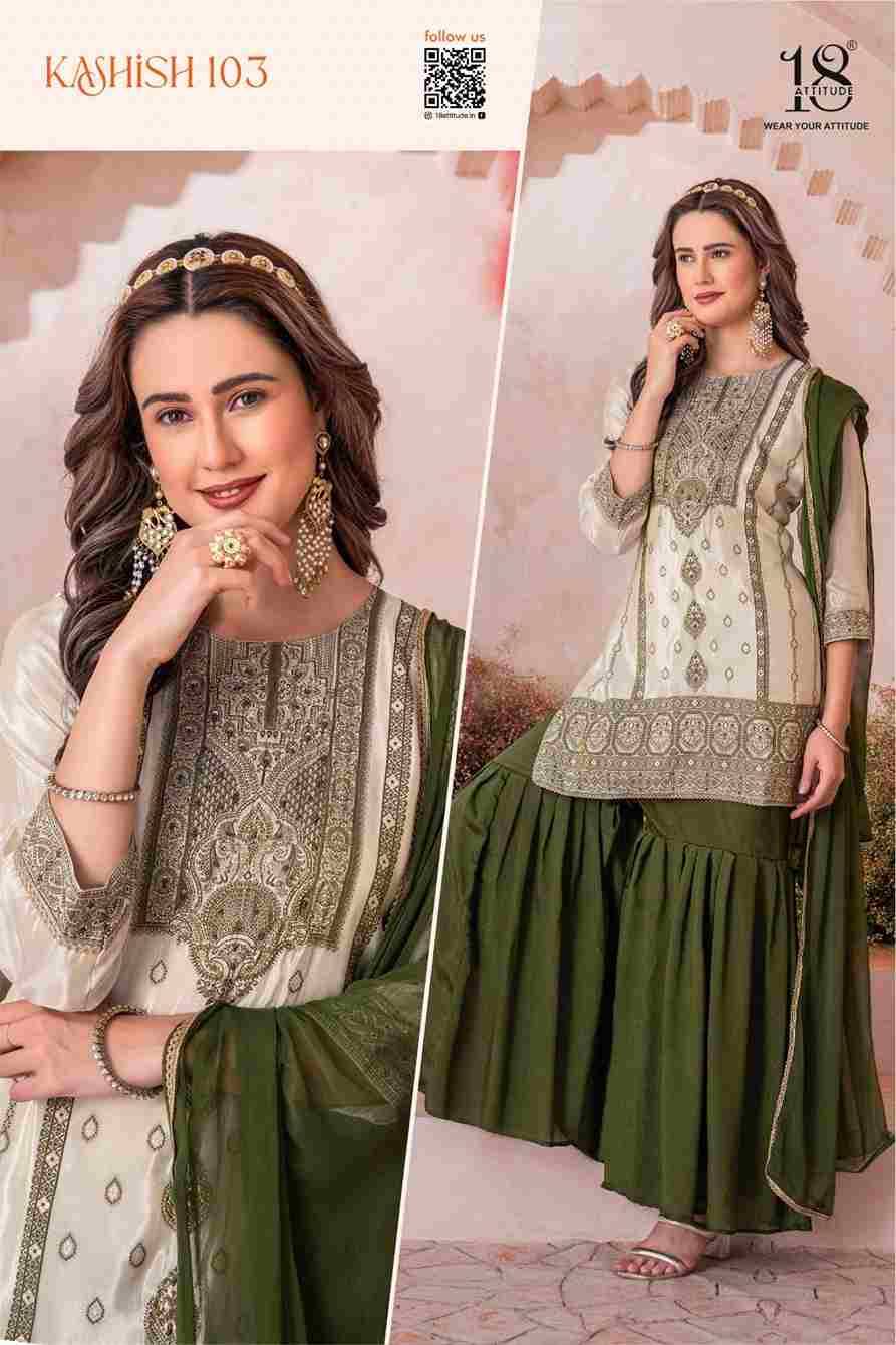 Kashish By 18 Attitude 101 To 105 Series Designer Sharara Suits Collection Beautiful Stylish Fancy Colorful Party Wear & Occasional Wear Chinnon Dresses At Wholesale Price