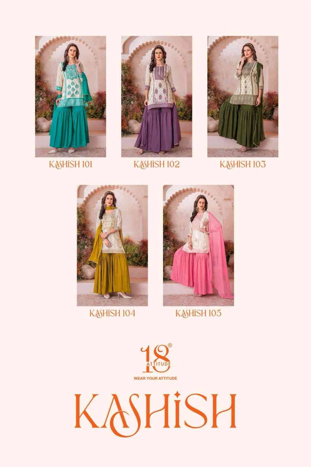 Kashish By 18 Attitude 101 To 105 Series Designer Sharara Suits Collection Beautiful Stylish Fancy Colorful Party Wear & Occasional Wear Chinnon Dresses At Wholesale Price