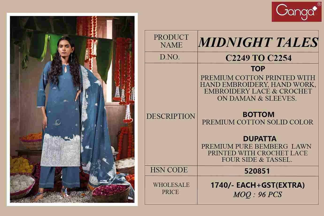 Midnight Tales By Ganga Fashion 2249 To 2254 Series Beautiful Festive Suits Colorful Stylish Fancy Casual Wear & Ethnic Wear Pure Cotton Dresses At Wholesale Price
