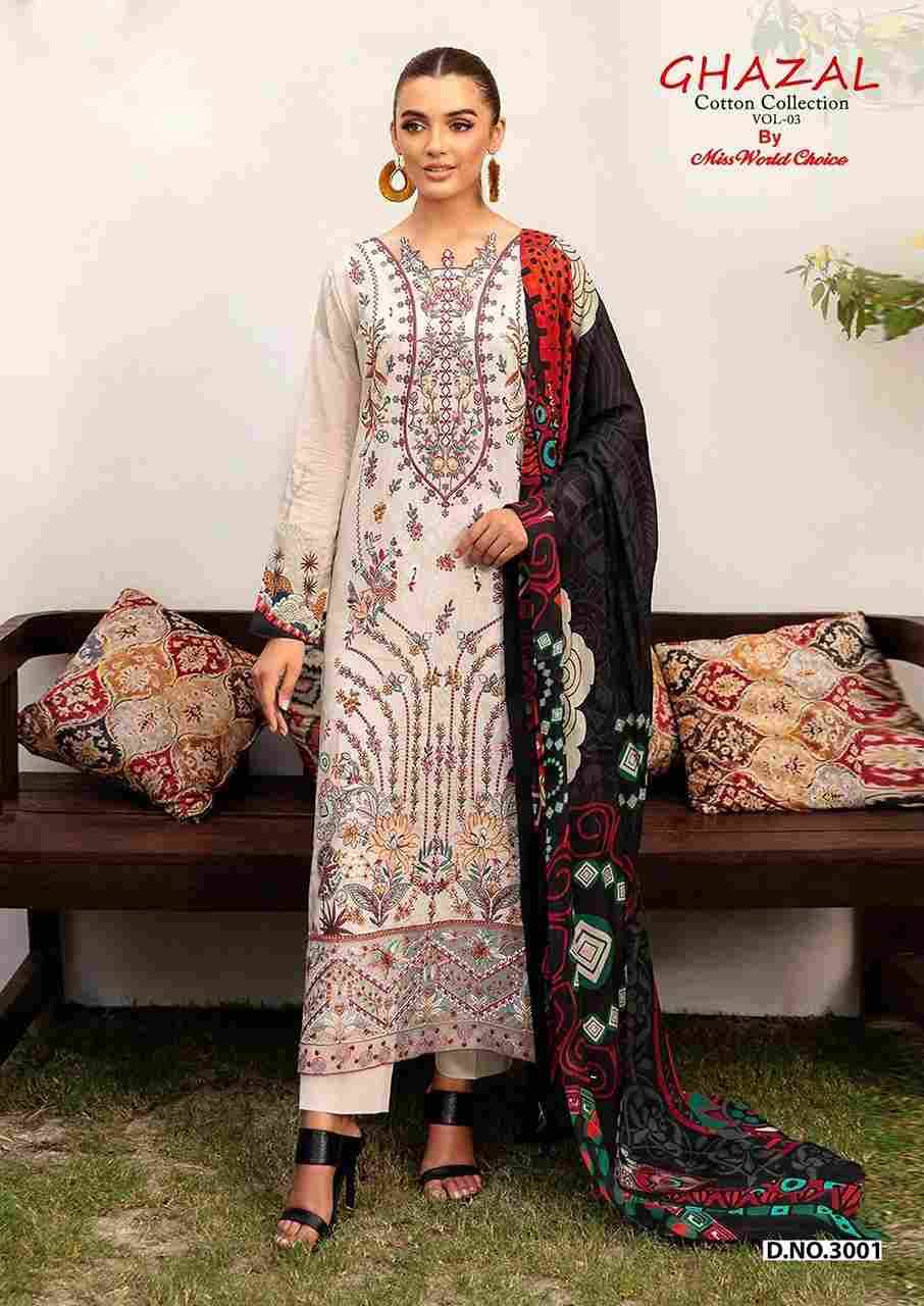 Ghazal Vol-3 By Miss World Choice 3001 To 3006 Series Beautiful Festive Suits Colorful Stylish Fancy Casual Wear & Ethnic Wear Pure Cotton Embroidered Dresses At Wholesale Price