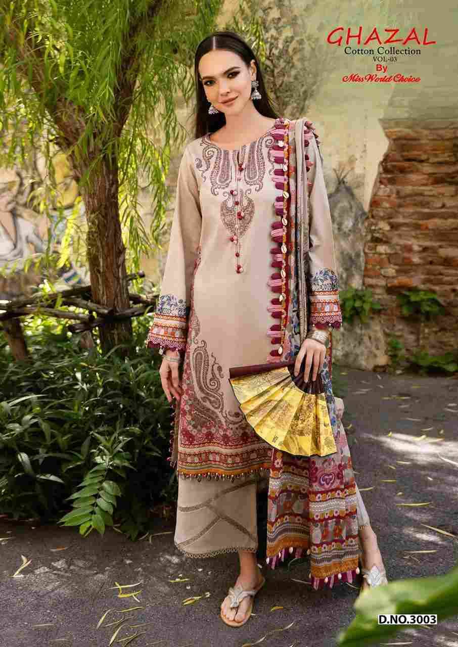 Ghazal Vol-3 By Miss World Choice 3001 To 3006 Series Beautiful Festive Suits Colorful Stylish Fancy Casual Wear & Ethnic Wear Pure Cotton Embroidered Dresses At Wholesale Price