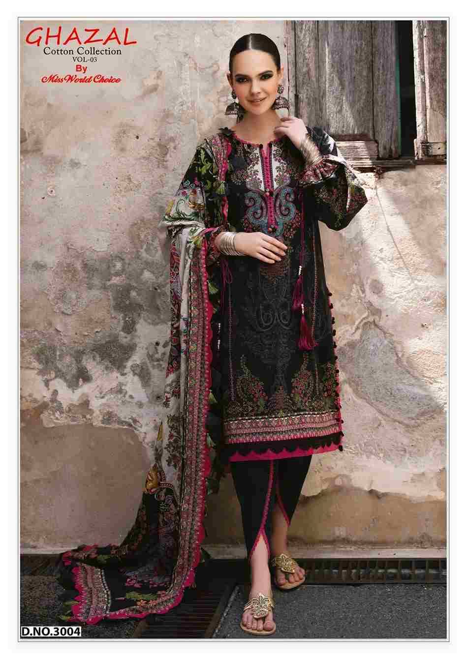 Ghazal Vol-3 By Miss World Choice 3001 To 3006 Series Beautiful Festive Suits Colorful Stylish Fancy Casual Wear & Ethnic Wear Pure Cotton Embroidered Dresses At Wholesale Price