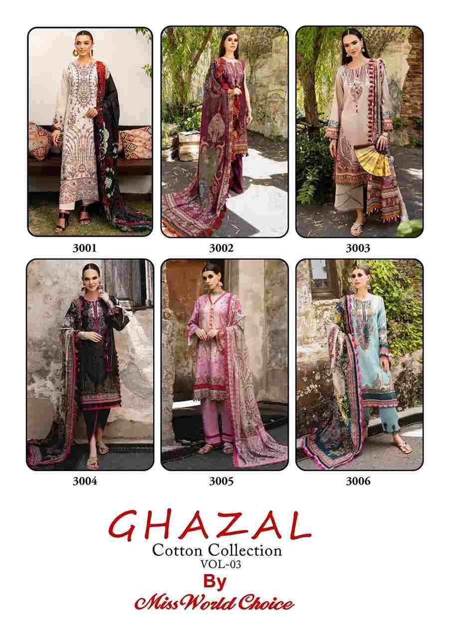 Ghazal Vol-3 By Miss World Choice 3001 To 3006 Series Beautiful Festive Suits Colorful Stylish Fancy Casual Wear & Ethnic Wear Pure Cotton Embroidered Dresses At Wholesale Price