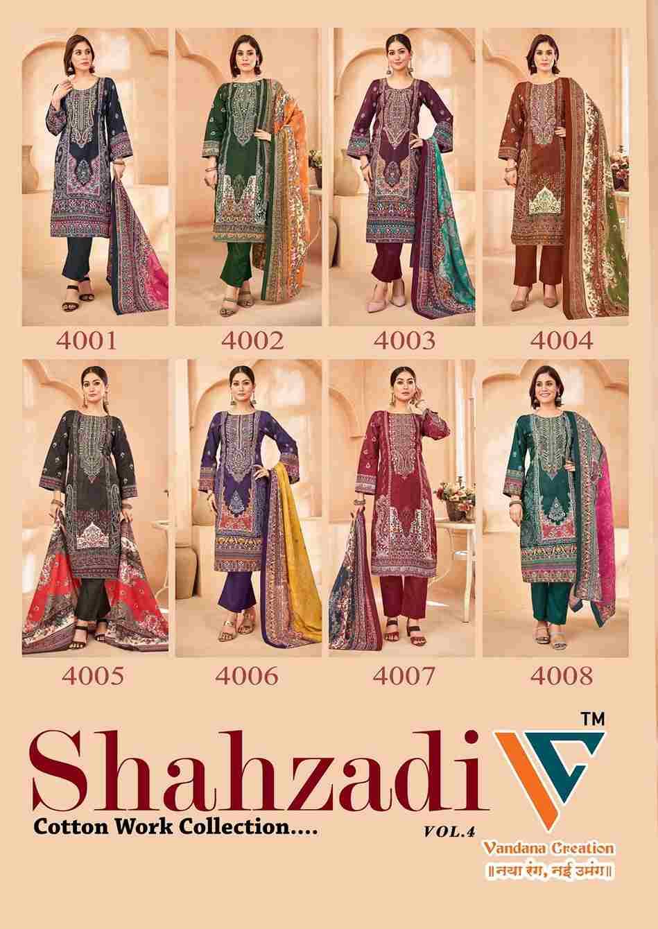 Shahzadi Vol-4 By Vandana Creation 4001 To 4008 Series Beautiful Festive Suits Stylish Fancy Colorful Casual Wear & Ethnic Wear Cotton Print Dresses At Wholesale Price