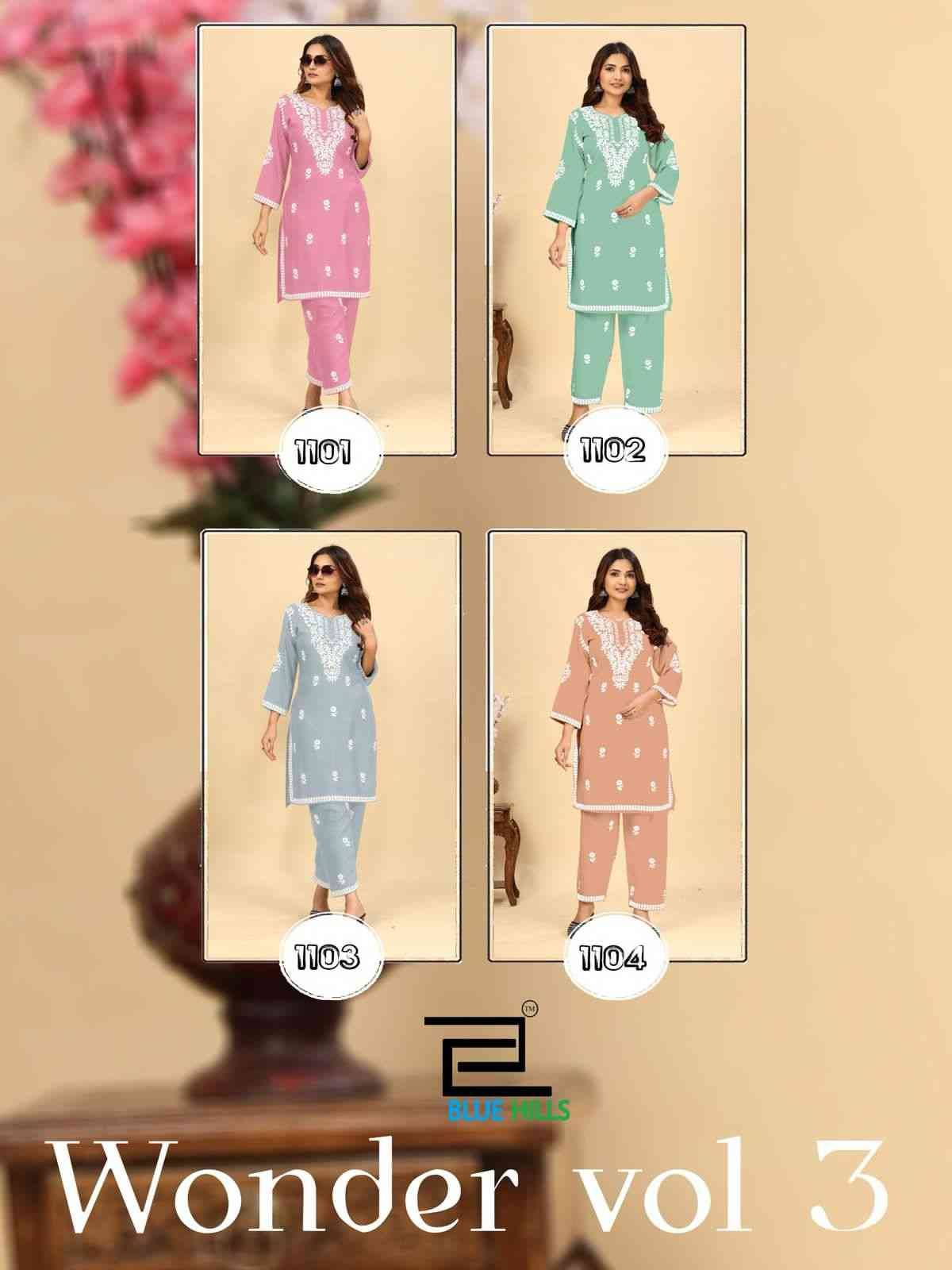 Wonder Vol-3 By Blue Hills 1101 To 1104 Series Designer Collection Beautiful Stylish Fancy Colorful Party Wear & Occasional Wear Rayon With Work Kurtis With Bottom At Wholesale Price