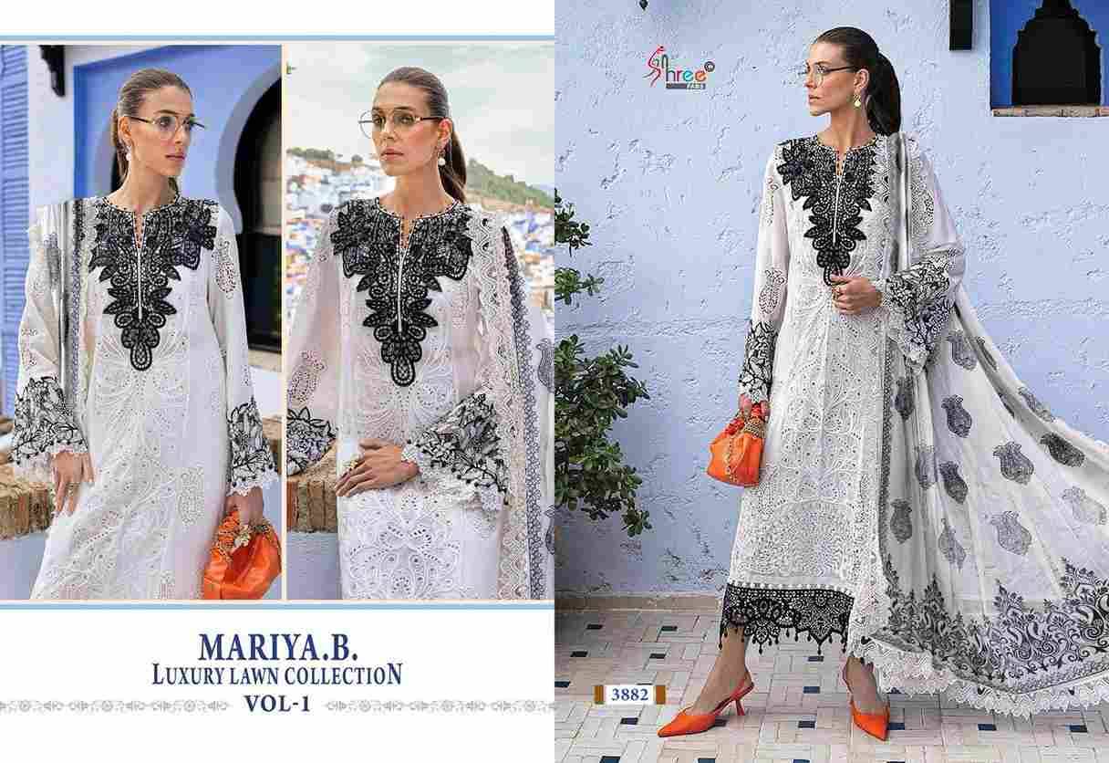 Mariya.B. Luxury Lawn Collection Vol-1 By Shree Fabs 3879 To 3885 Series Designer Pakistani Suits Collection Beautiful Stylish Fancy Colorful Party Wear & Ethnic Wear Pure Viscose With Pure Cotton With Embroidery Dresses At Wholesale Price