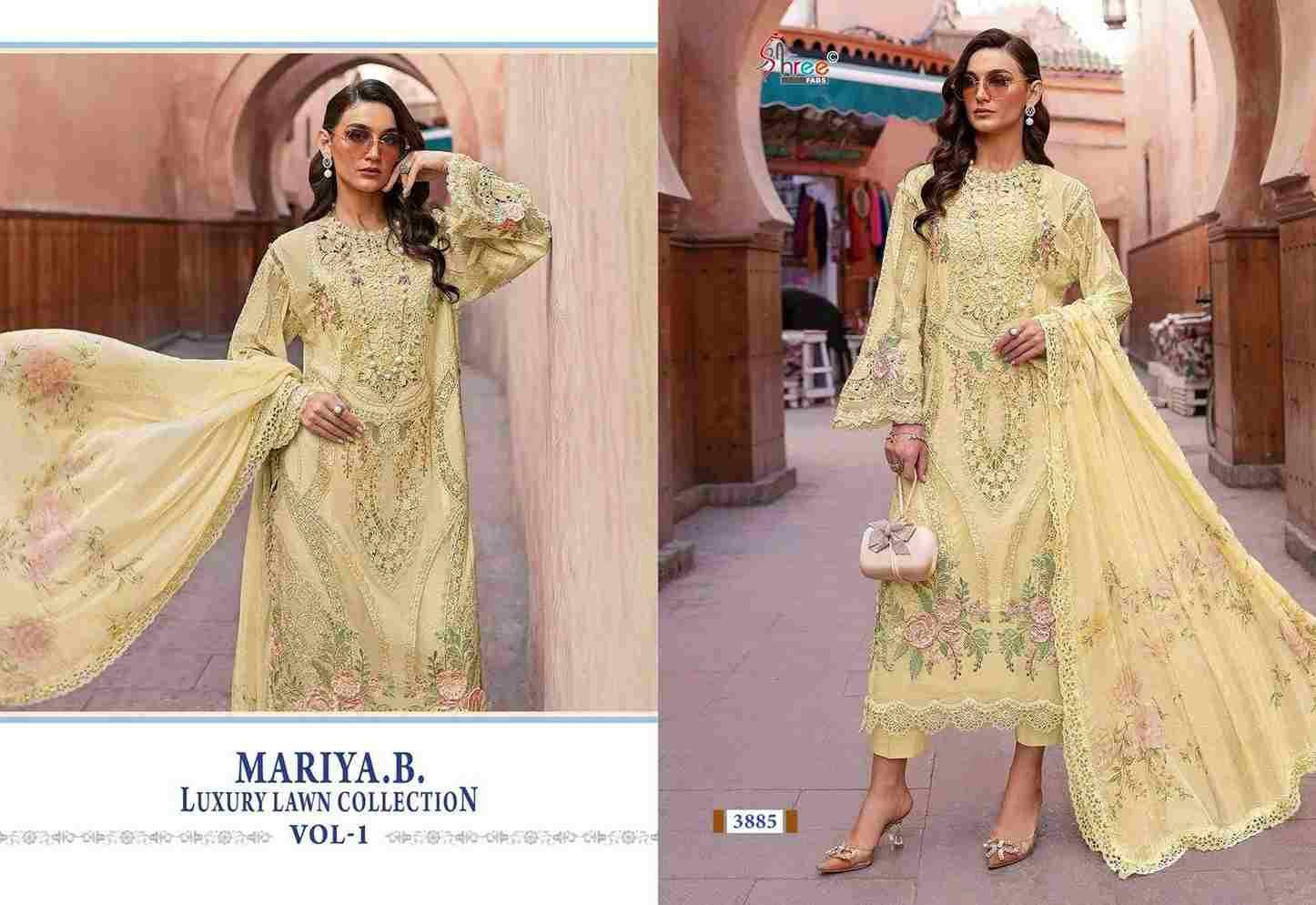 Mariya.B. Luxury Lawn Collection Vol-1 By Shree Fabs 3879 To 3885 Series Designer Pakistani Suits Collection Beautiful Stylish Fancy Colorful Party Wear & Ethnic Wear Pure Viscose With Pure Cotton With Embroidery Dresses At Wholesale Price