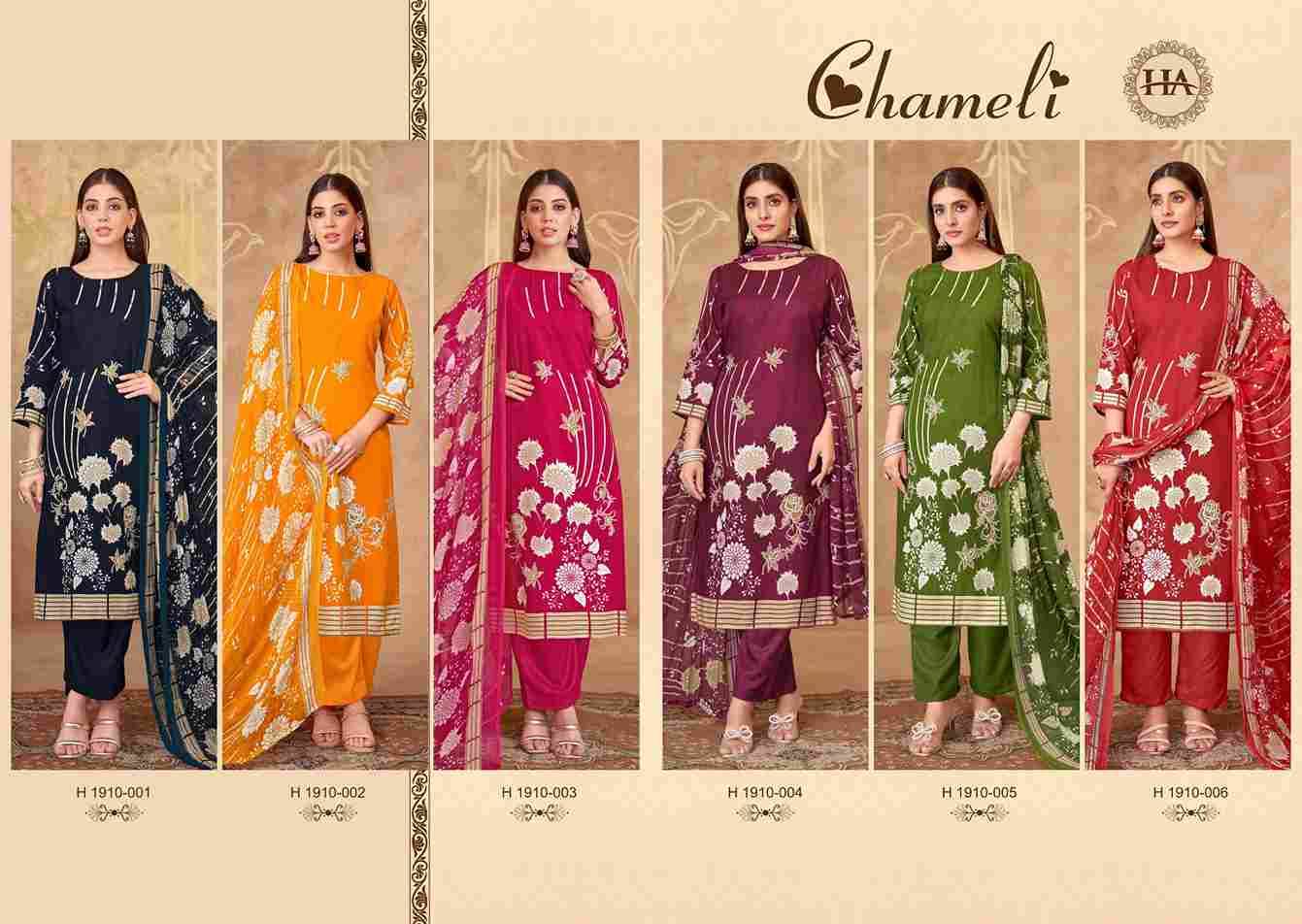 Chameli By Harshit Fashion Hub 1910-001 To 1910-006 Series Beautiful Festive Suits Stylish Fancy Colorful Casual Wear & Ethnic Wear Pure Viscose Rayon Dresses At Wholesale Price