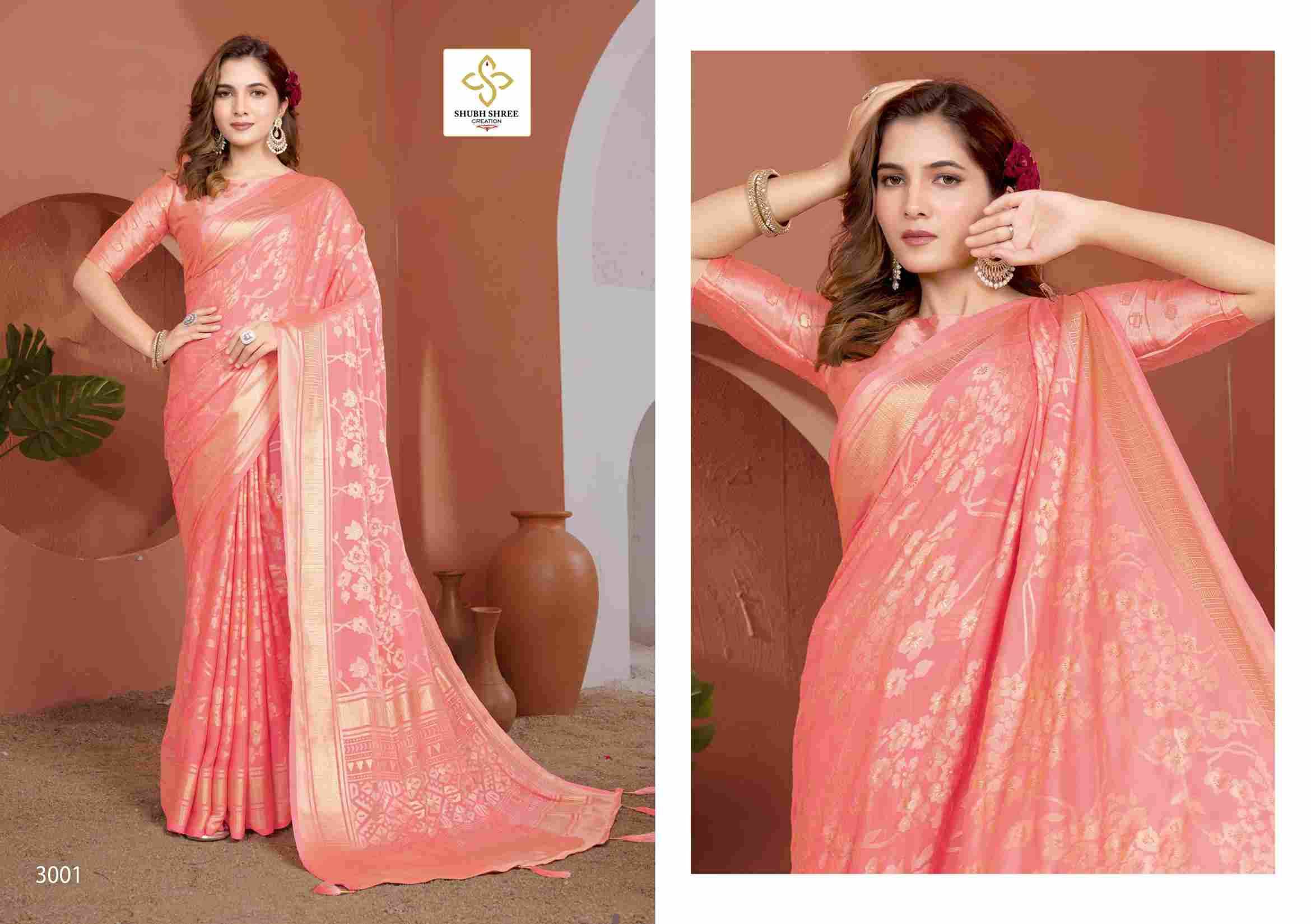 Siara Vol-3 By Shubh Shree 3001 To 3006 Series Indian Traditional Wear Collection Beautiful Stylish Fancy Colorful Party Wear & Occasional Wear Moss Brasso Sarees At Wholesale Price