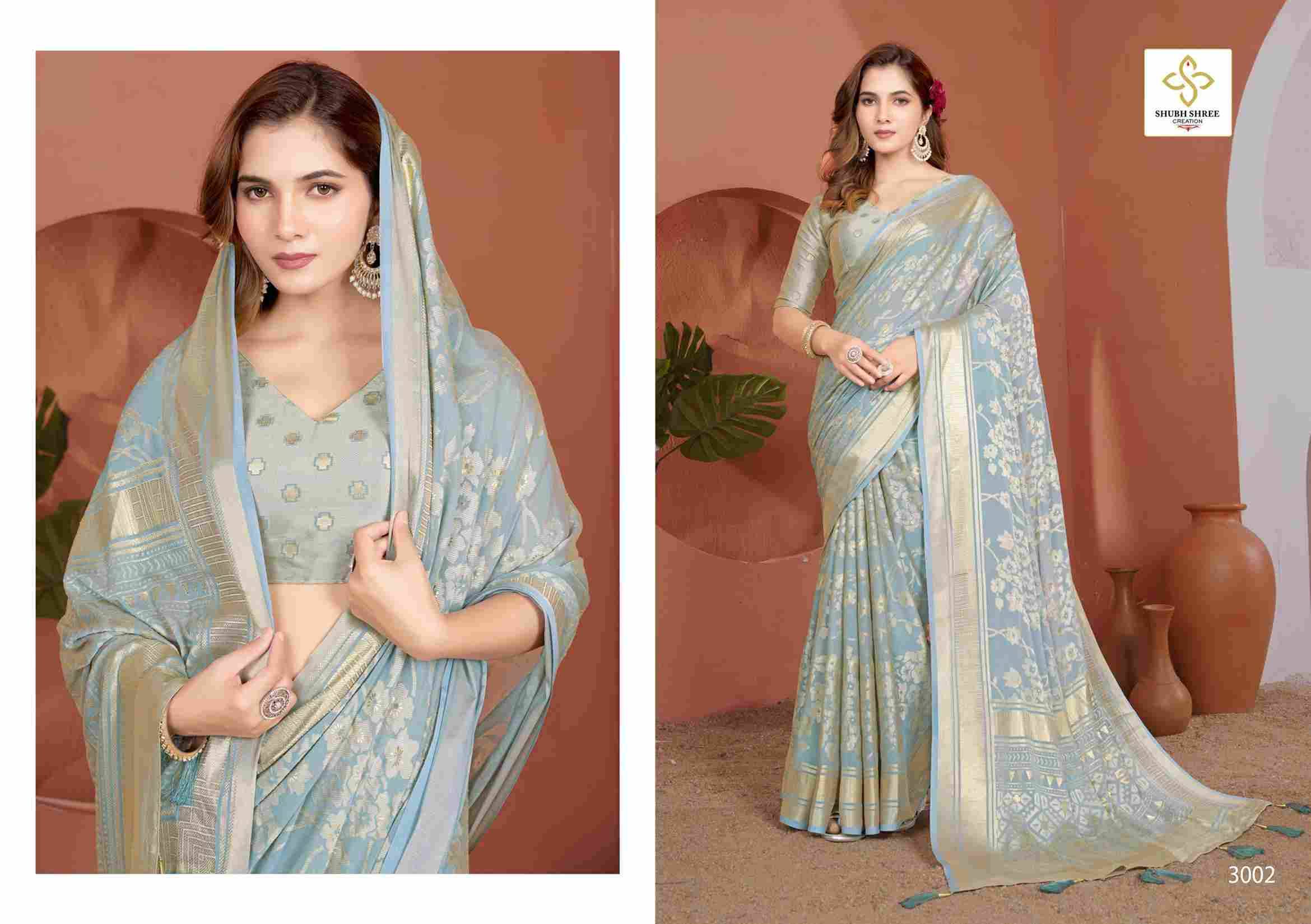 Siara Vol-3 By Shubh Shree 3001 To 3006 Series Indian Traditional Wear Collection Beautiful Stylish Fancy Colorful Party Wear & Occasional Wear Moss Brasso Sarees At Wholesale Price
