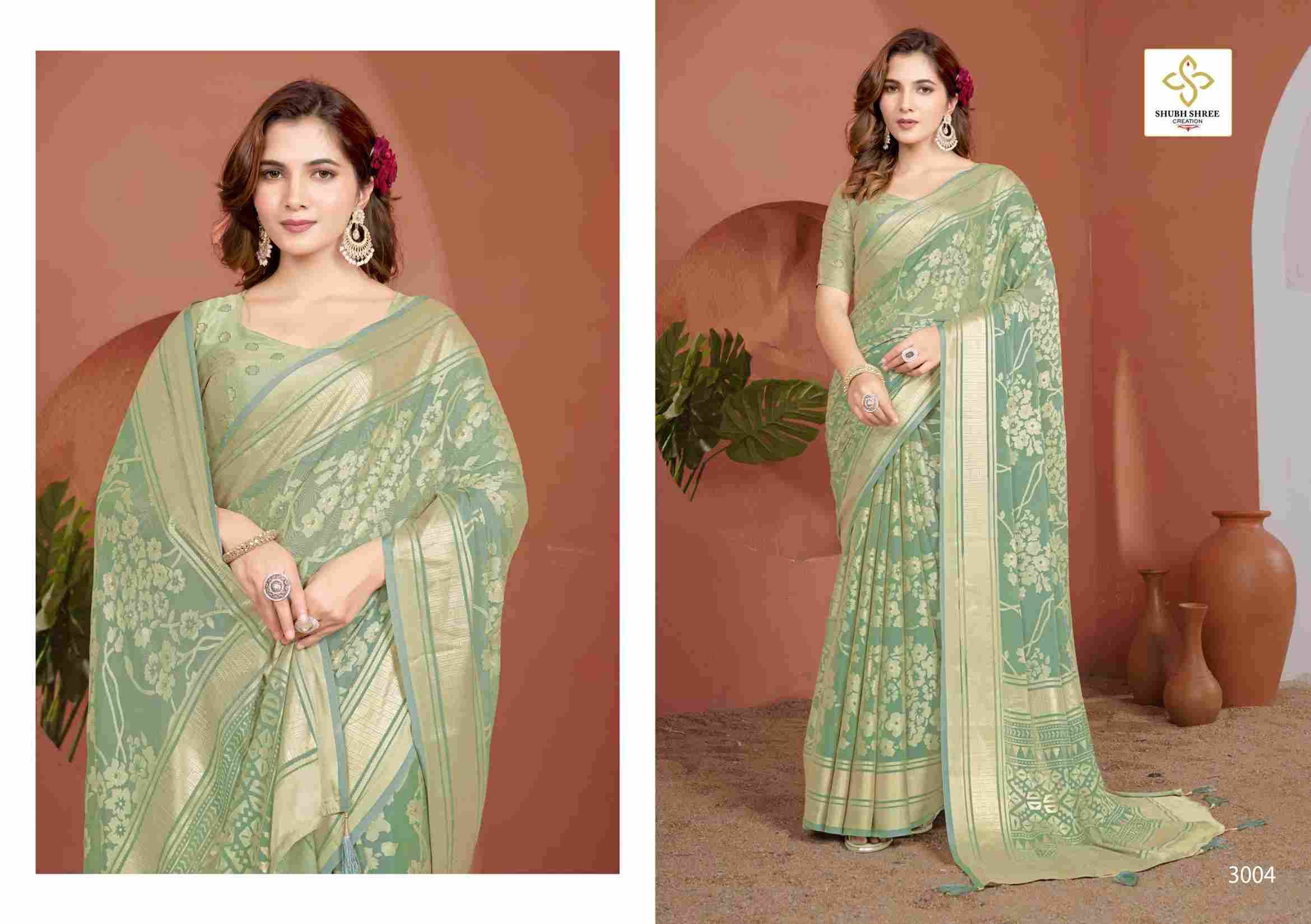Siara Vol-3 By Shubh Shree 3001 To 3006 Series Indian Traditional Wear Collection Beautiful Stylish Fancy Colorful Party Wear & Occasional Wear Moss Brasso Sarees At Wholesale Price