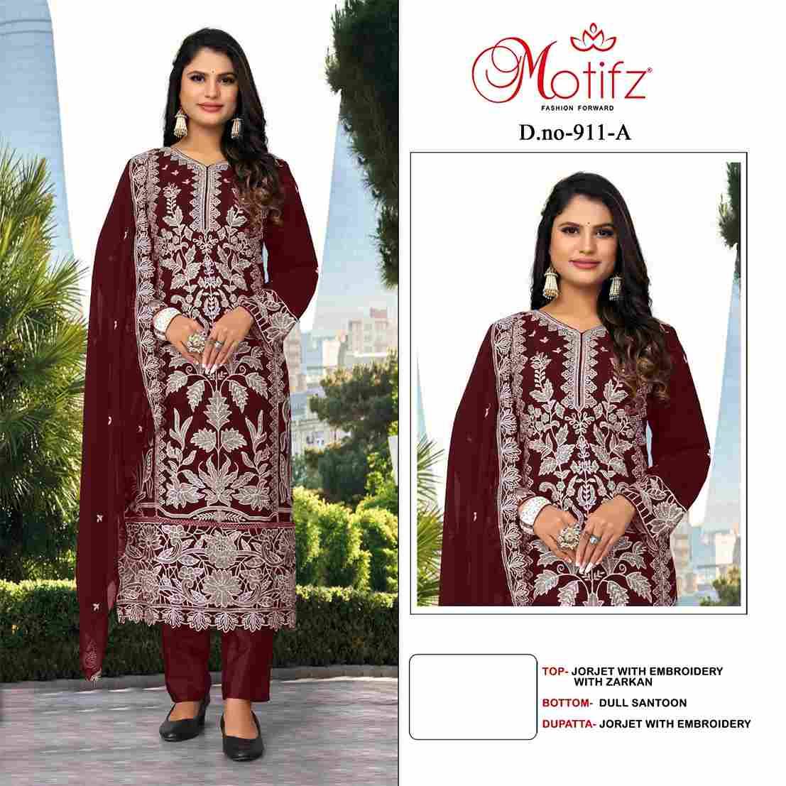 Motifz Hit Design 911 Colours By Motifz 911-A To 911-D Series Beautiful Pakistani Suits Colorful Stylish Fancy Casual Wear & Ethnic Wear Georgette Embroidered Dresses At Wholesale Price