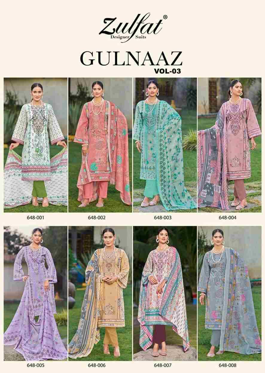 Gulnaaz Vol-3 By Zulfat 648-001 To 648-008 Series Beautiful Festive Suits Stylish Fancy Colorful Casual Wear & Ethnic Wear Pure Cotton Print Dresses At Wholesale Price