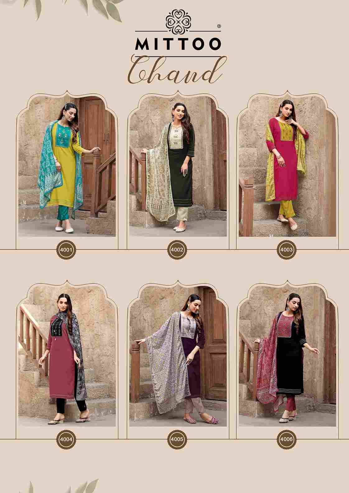 Chand By Mittoo 4001 To 4006 Series Beautiful Festive Suits Colorful Stylish Fancy Casual Wear & Ethnic Wear Rayon Dresses At Wholesale Price