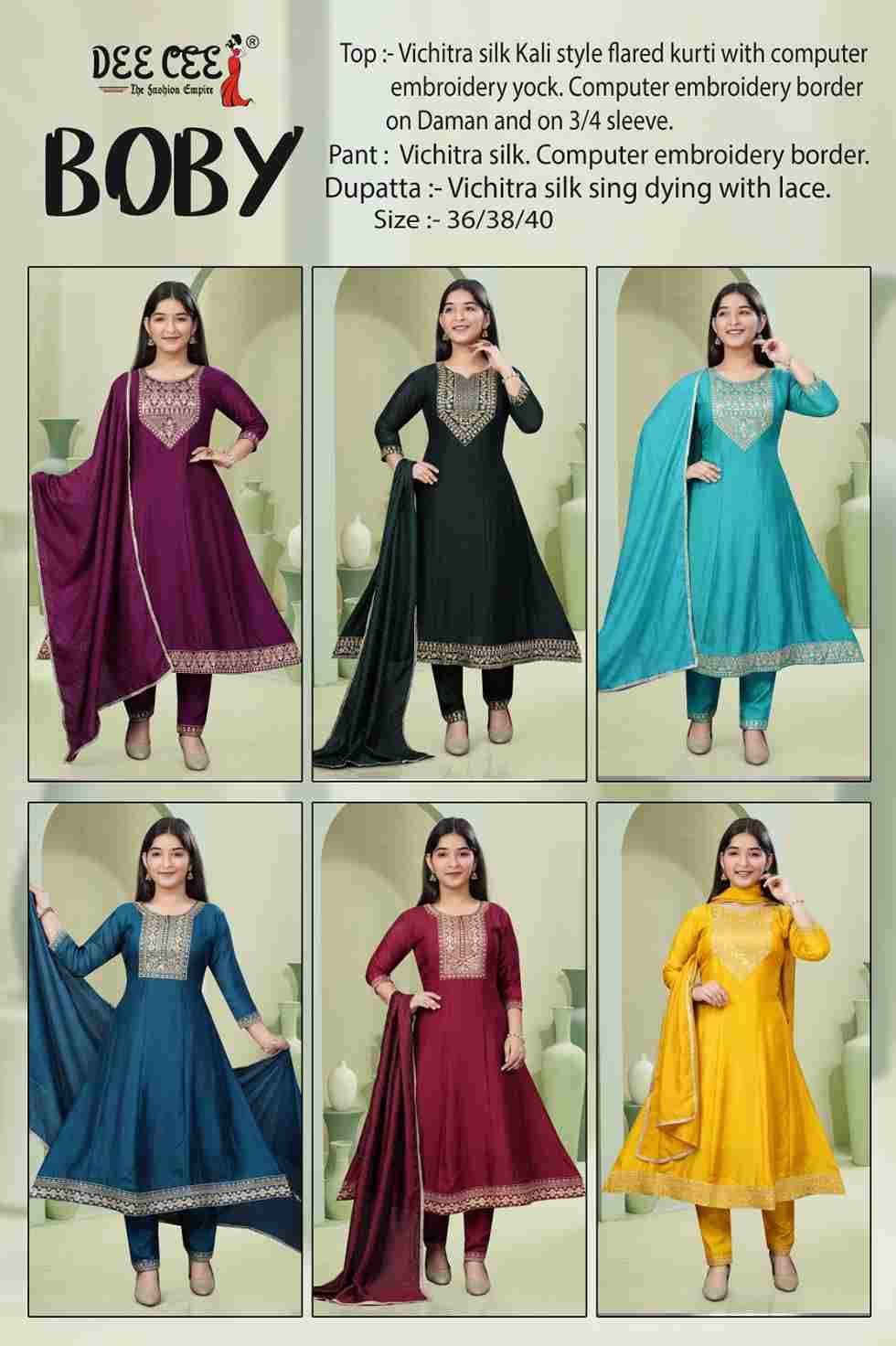 Boby By Dee Cee 1001 To 1006 Series Beautiful Festive Suits Colorful Stylish Fancy Casual Wear & Ethnic Wear Vichitra Silk Dresses At Wholesale Price