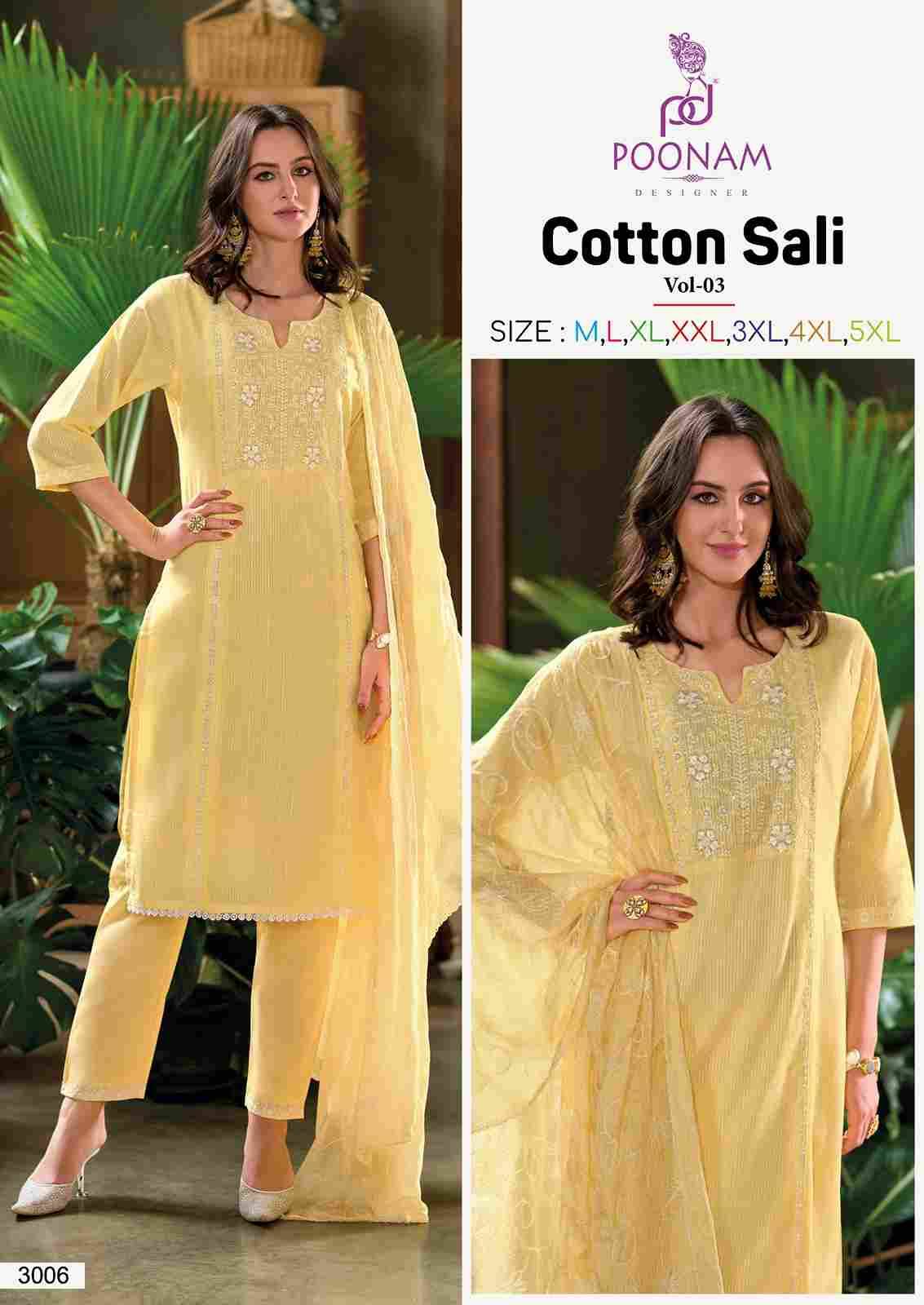 Cotton Sali Vol-3 By Poonam Designer 3001 To 3006 Series Suits Beautiful Fancy Colorful Stylish Party Wear & Occasional Wear Cambric Cotton With Work Dresses At Wholesale Price